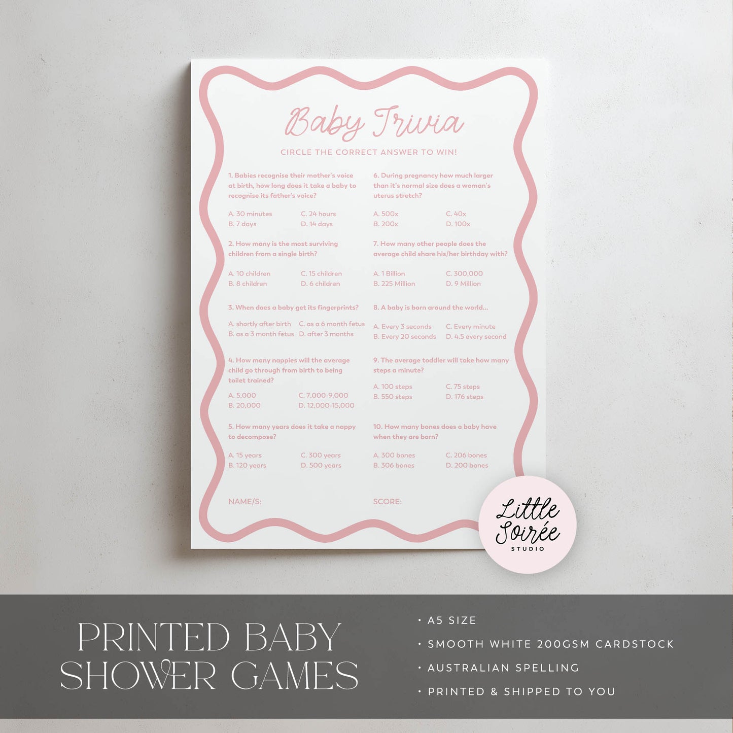 Printed Baby Trivia – Pink Wavy | Baby Shower Games Australia