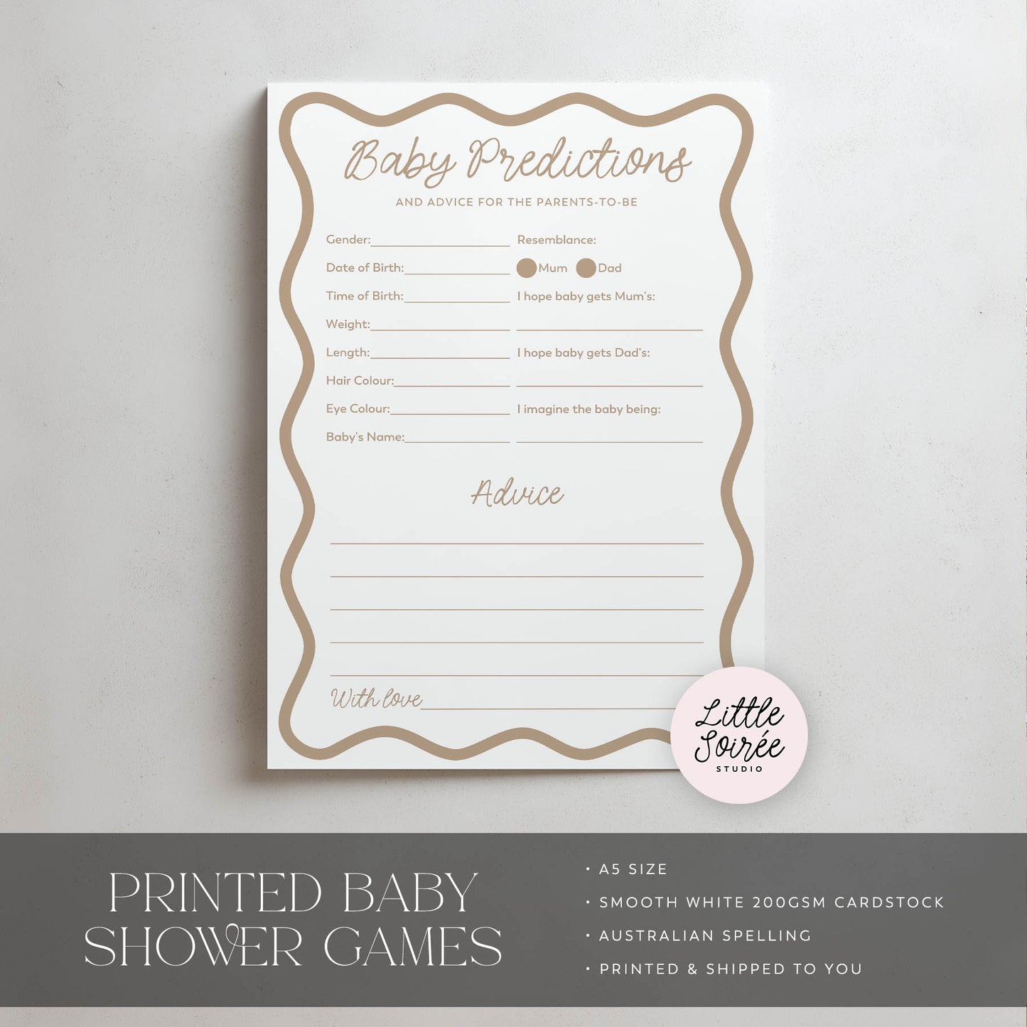 Baby shower game sheet with predictions and advice for the new family on a light gray background.