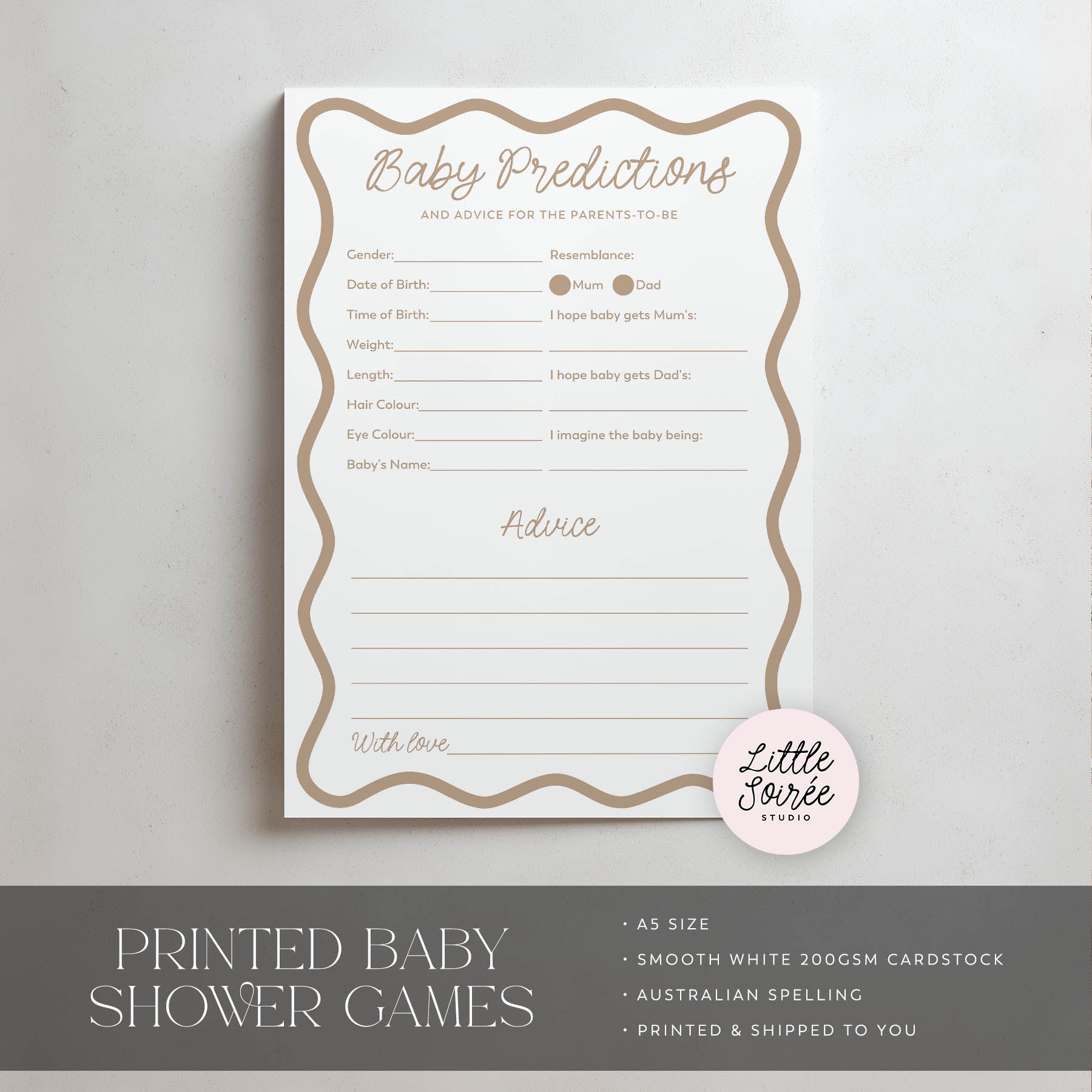 Baby shower game sheet with predictions and advice for the new family on a light gray background.