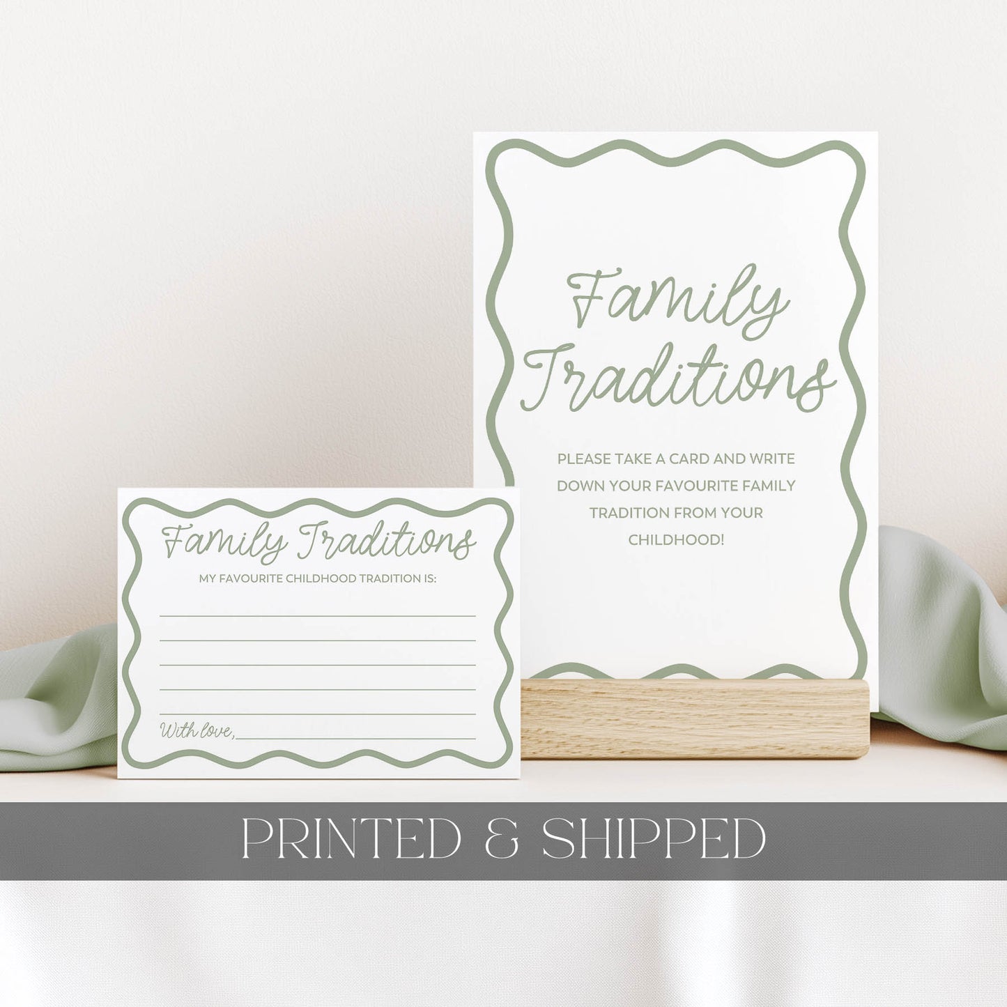 Two family tradition cards on a white surface with a neutral background.