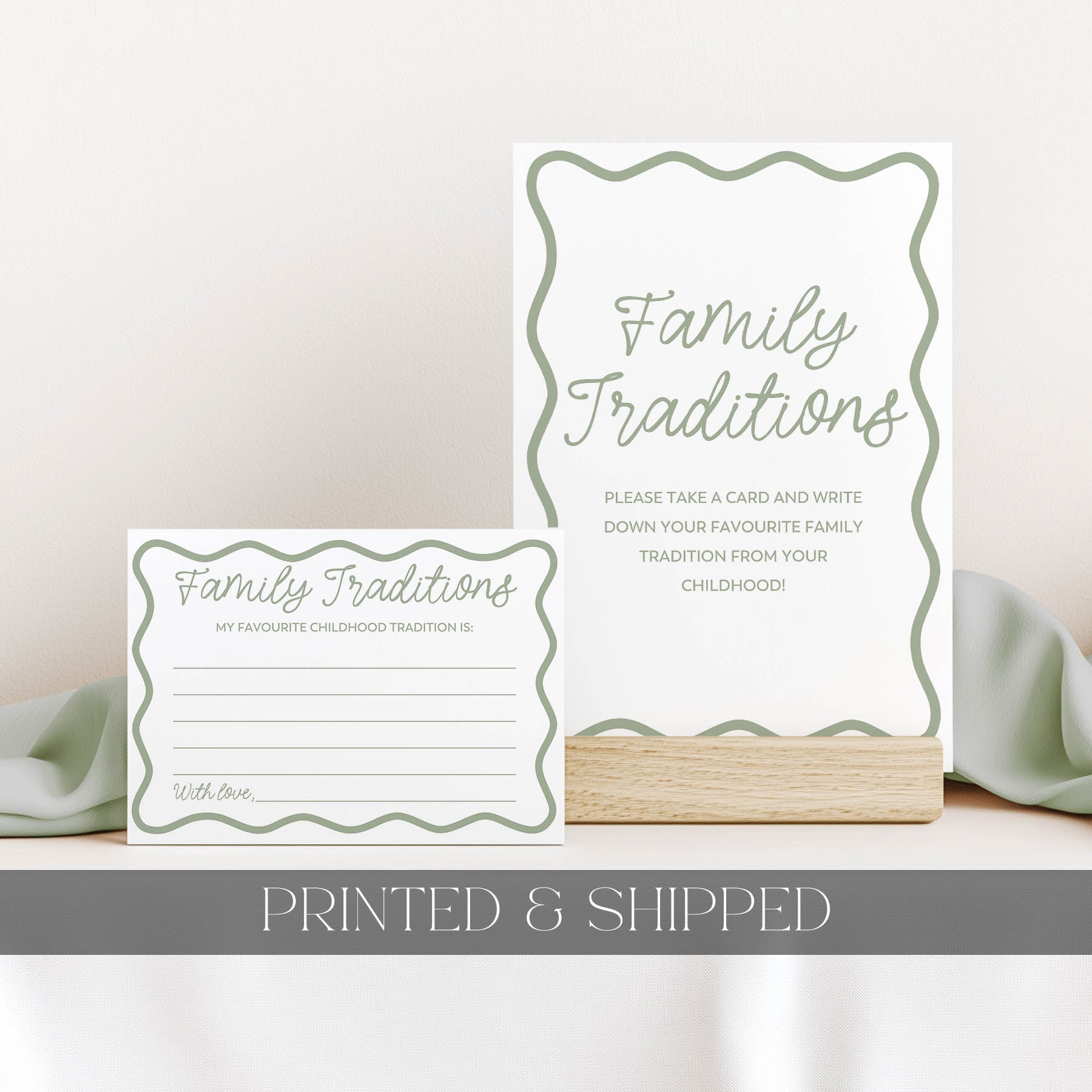 Two family tradition cards on a white surface with a neutral background.