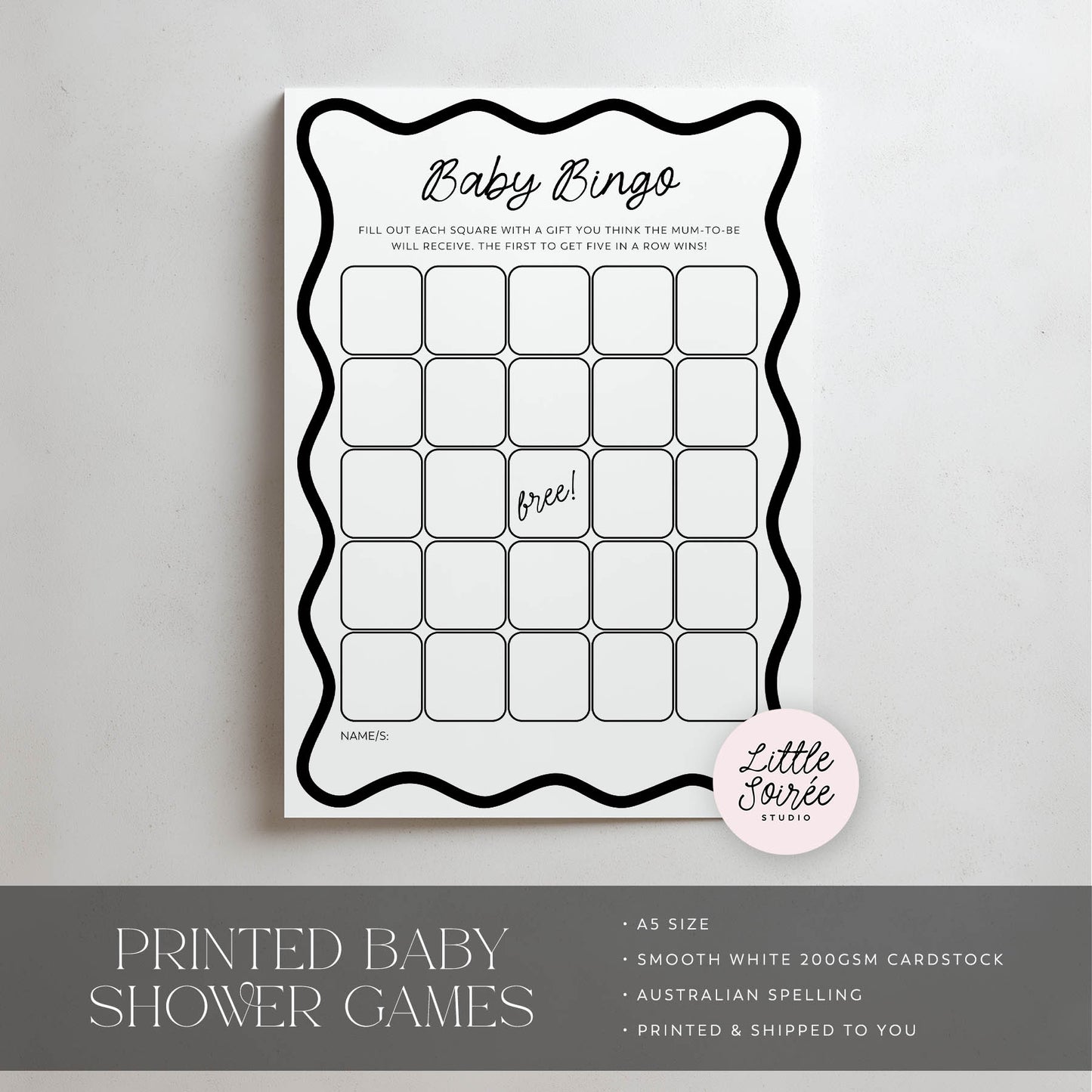 Baby Bingo game card for a baby shower on a gray background with 'Little Soiree' branding.
