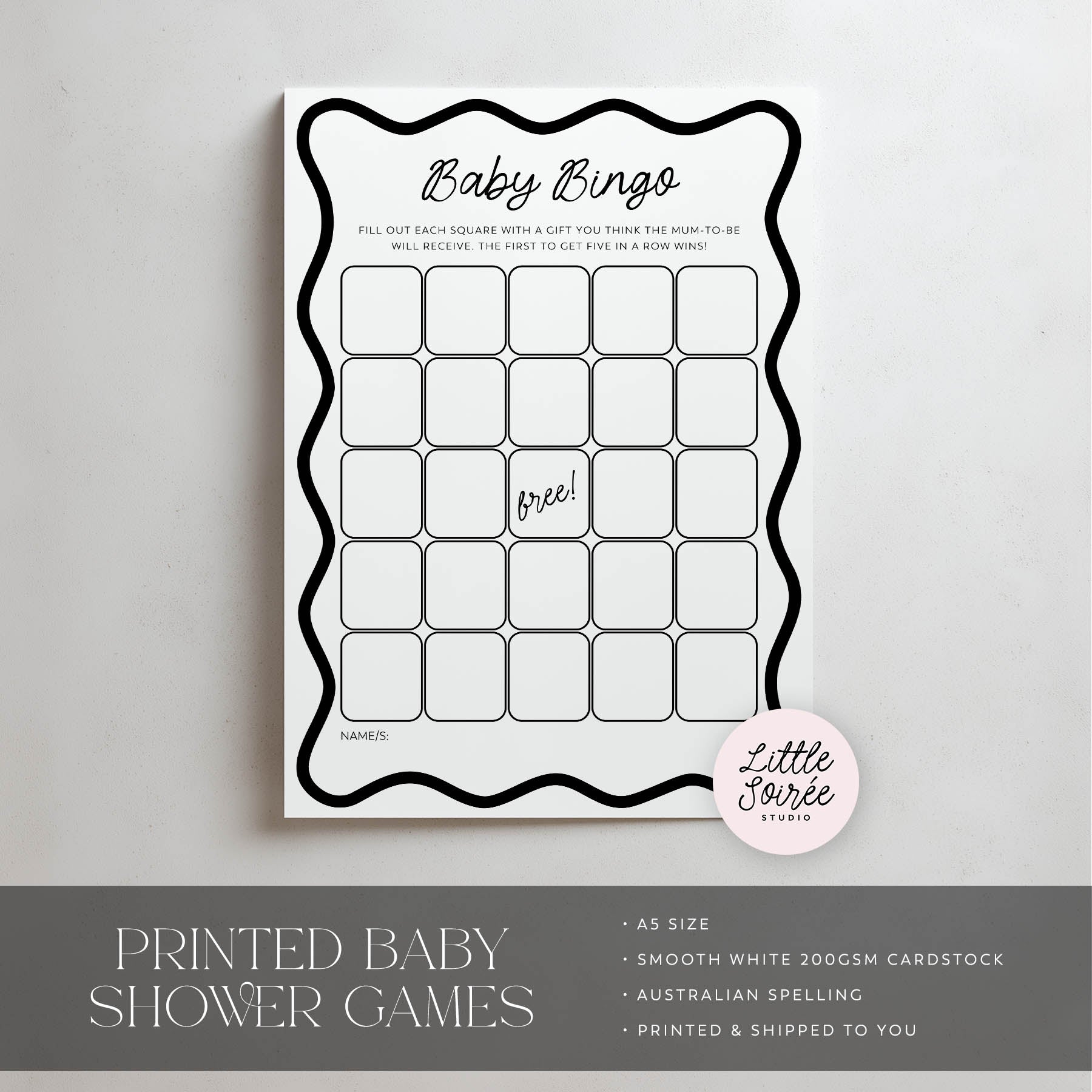 Baby Bingo game card for a baby shower on a gray background with 'Little Soiree' branding.