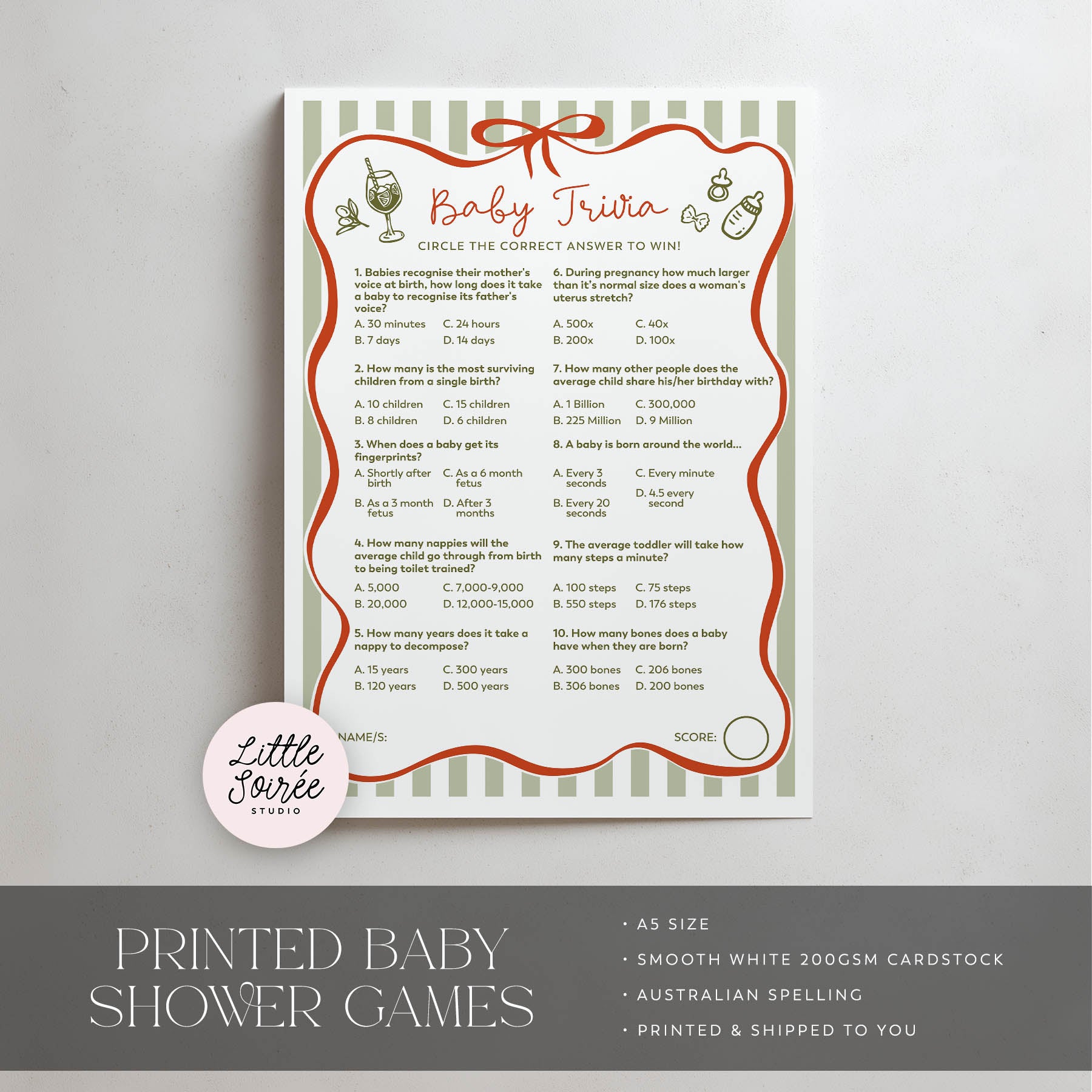 Baby trivia game sheet with decorative border on a gray background, featuring 'Little Soiree' branding.
