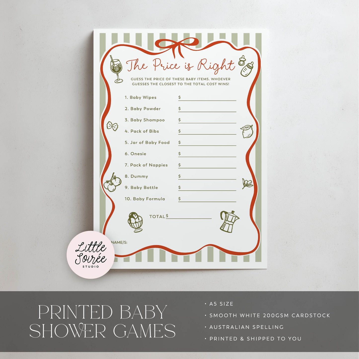 Baby shower game card titled 'The Price is Right' on a gray background with 'Little Souris' branding.