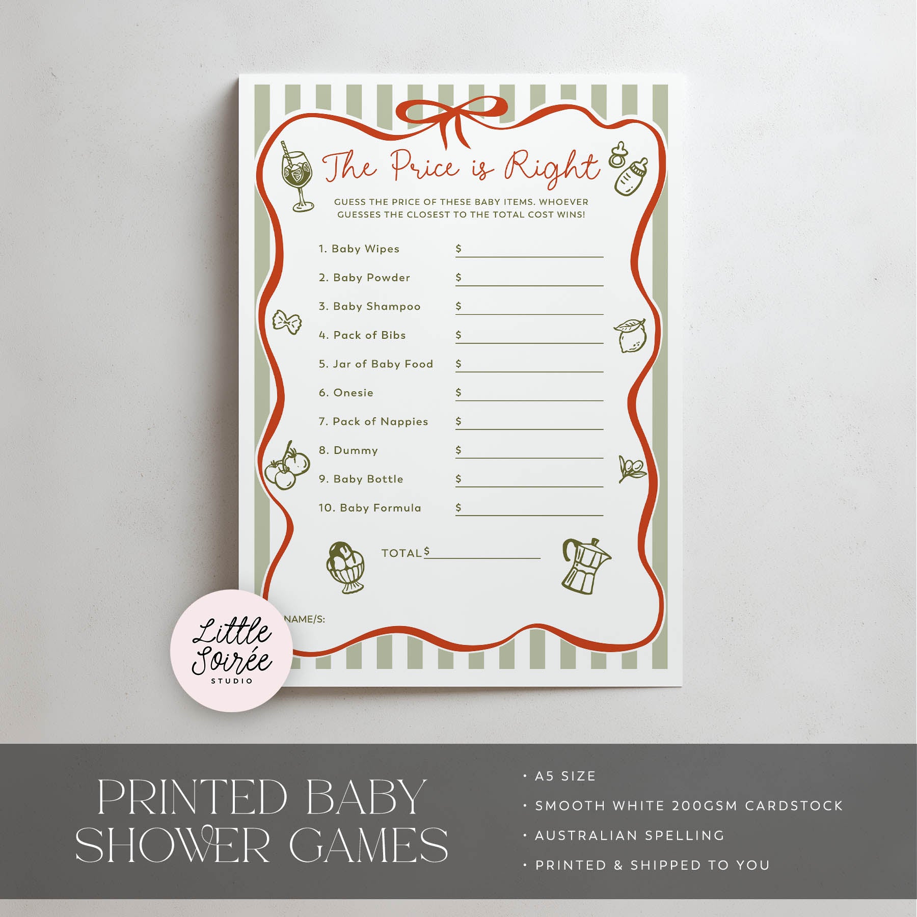 Baby shower game card titled 'The Price is Right' on a gray background with 'Little Souris' branding.