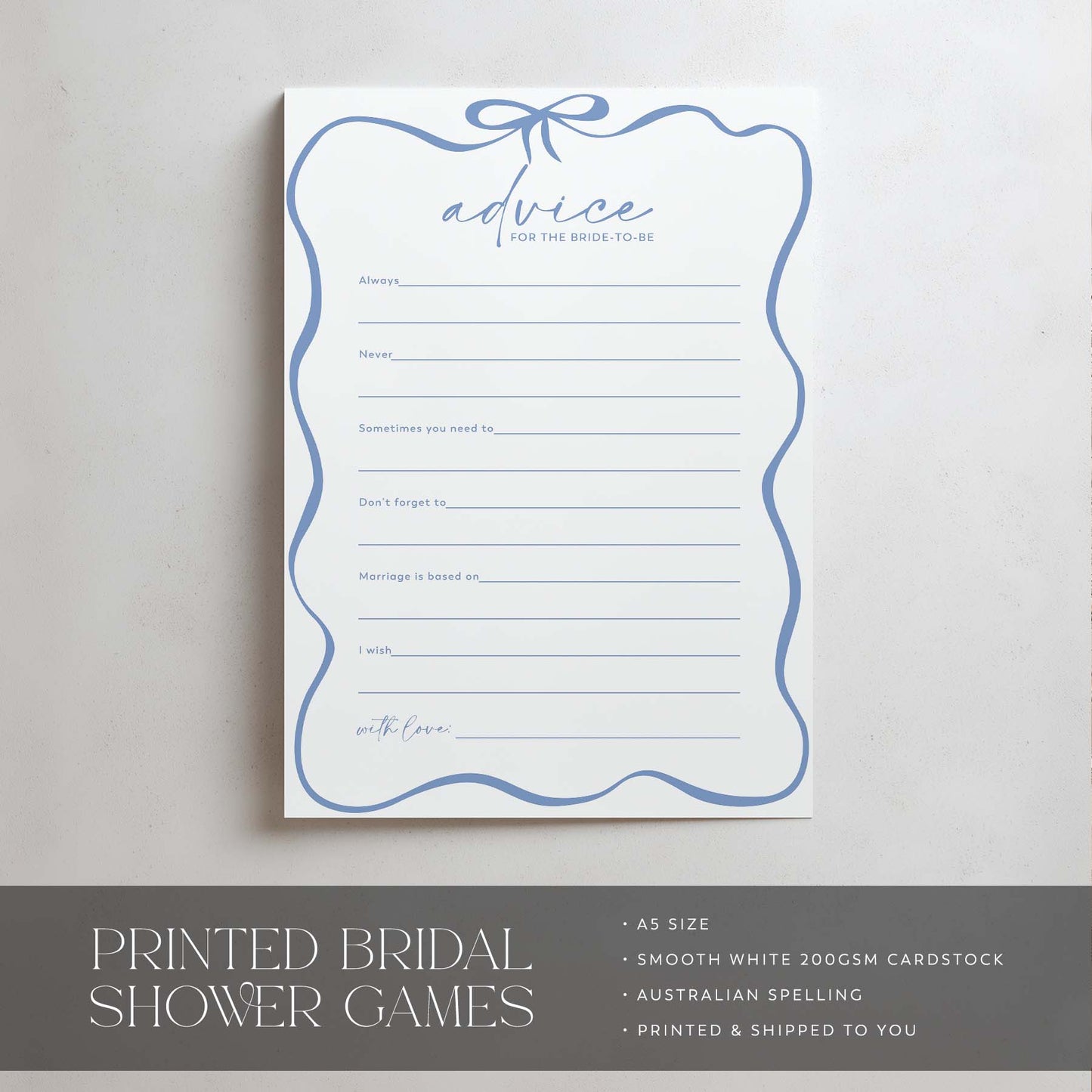 Bridal shower game advice card with blue decorative elements on a gray background