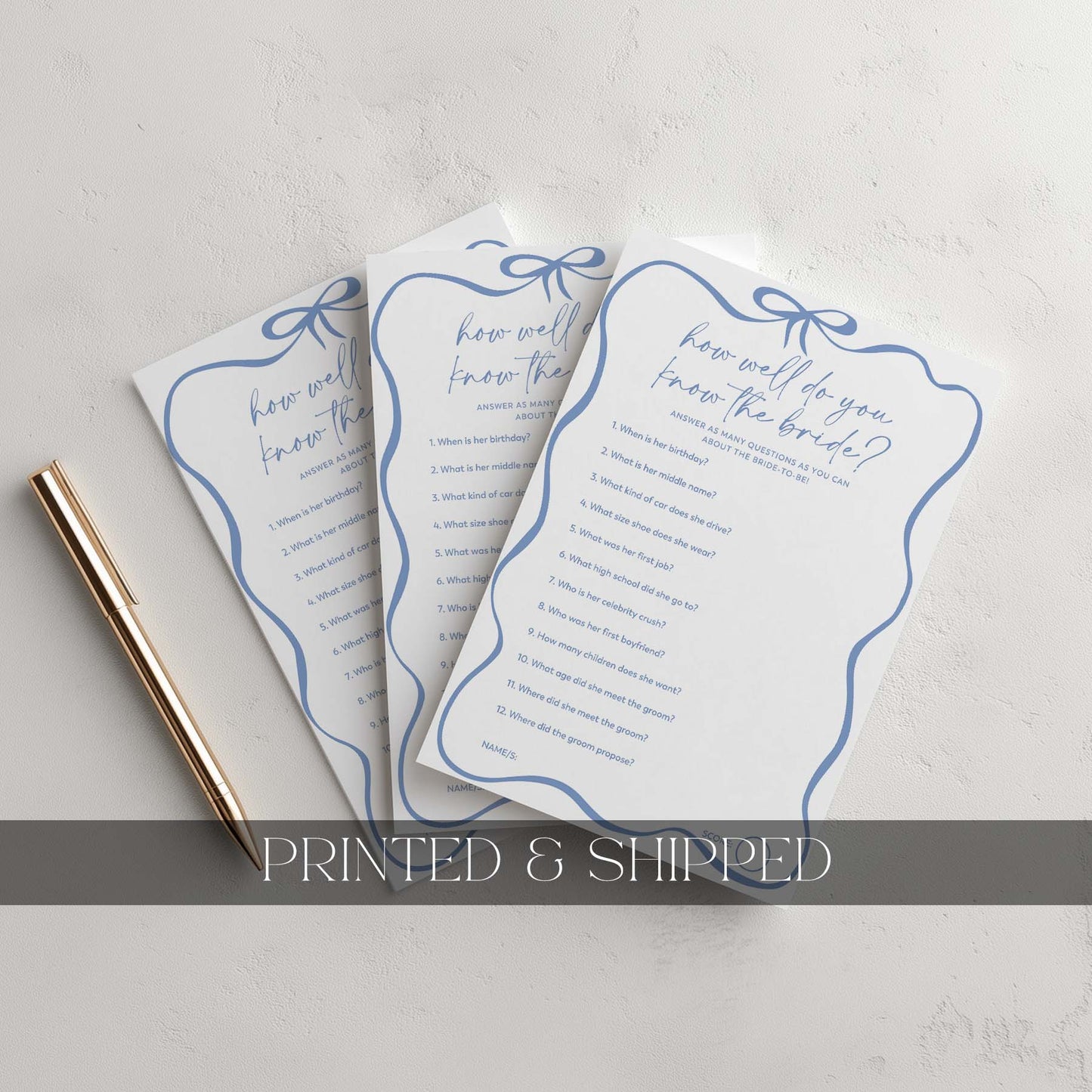 Three wedding question cards with blue decorative elements on a light gray background.