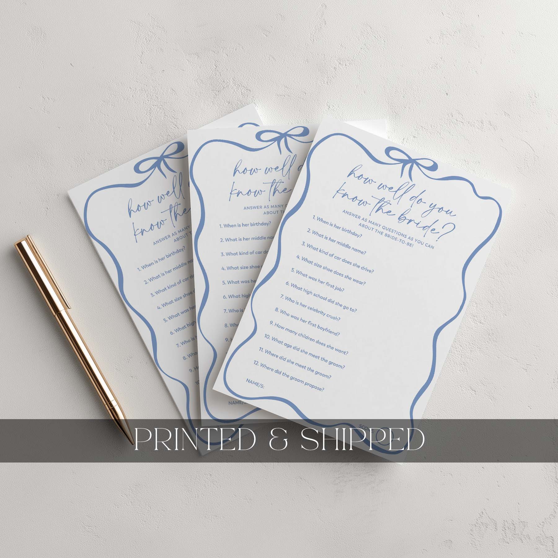 Three wedding question cards with blue decorative elements on a light gray background.