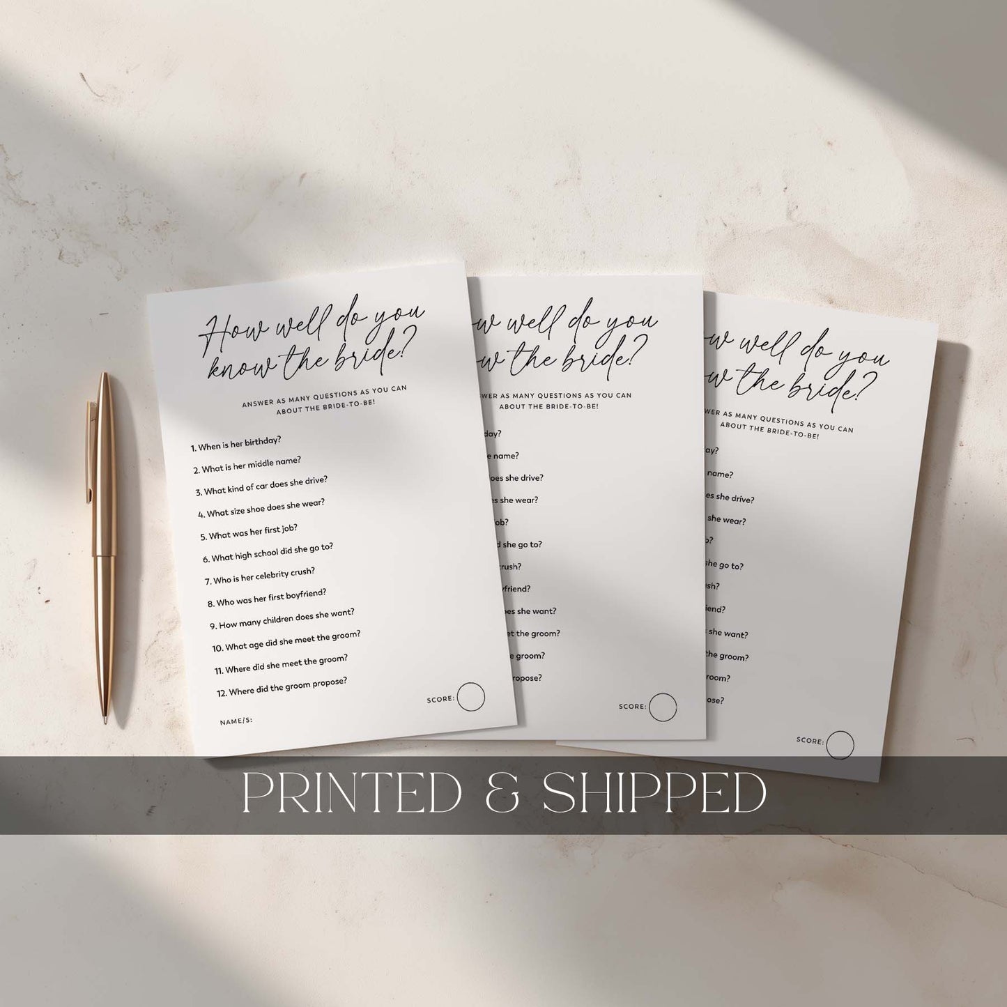 Three questionnaires titled 'How well do you know the bride?' on a light surface with a pen.