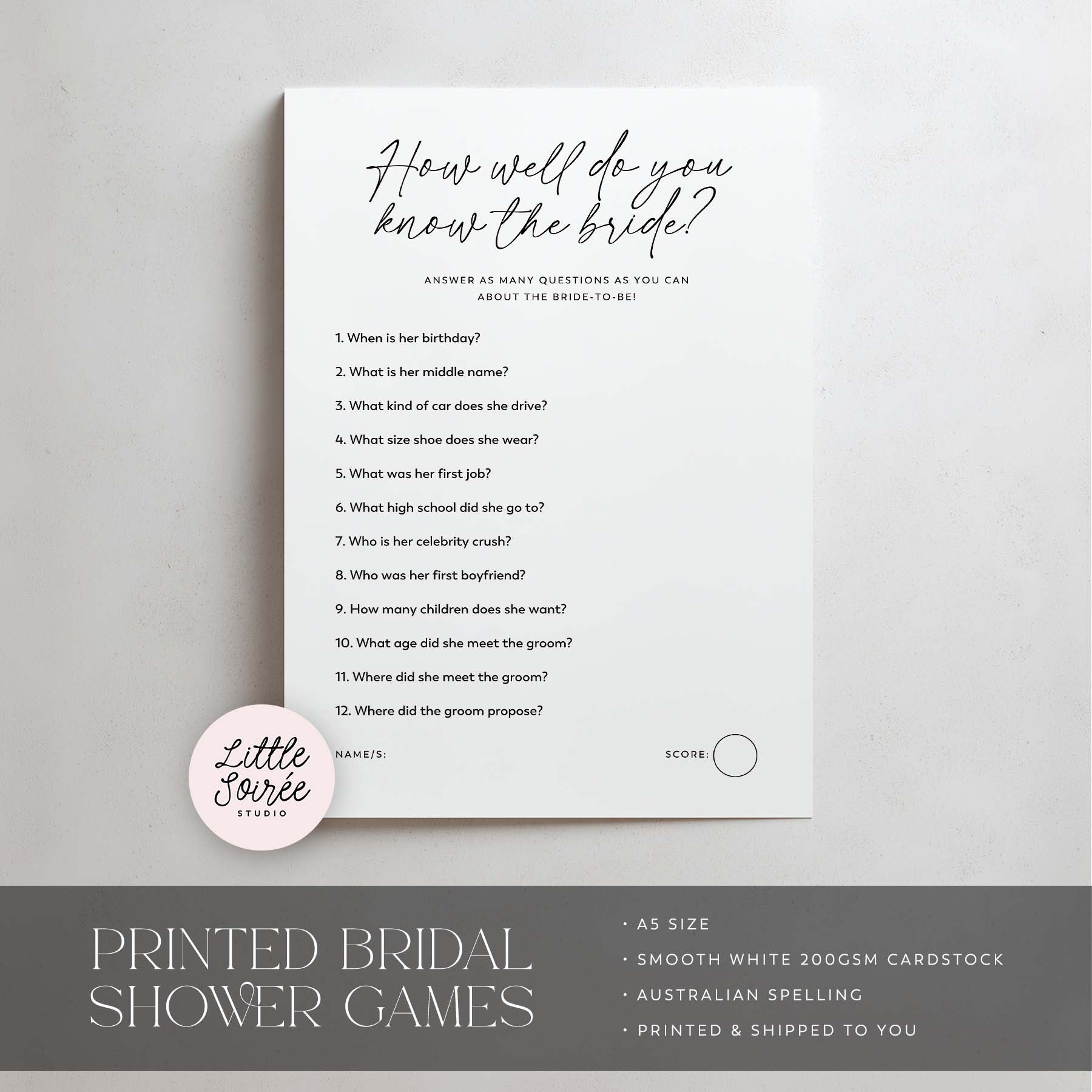 Printed bridal shower game card on a gray background with 'Little Soiree' branding.