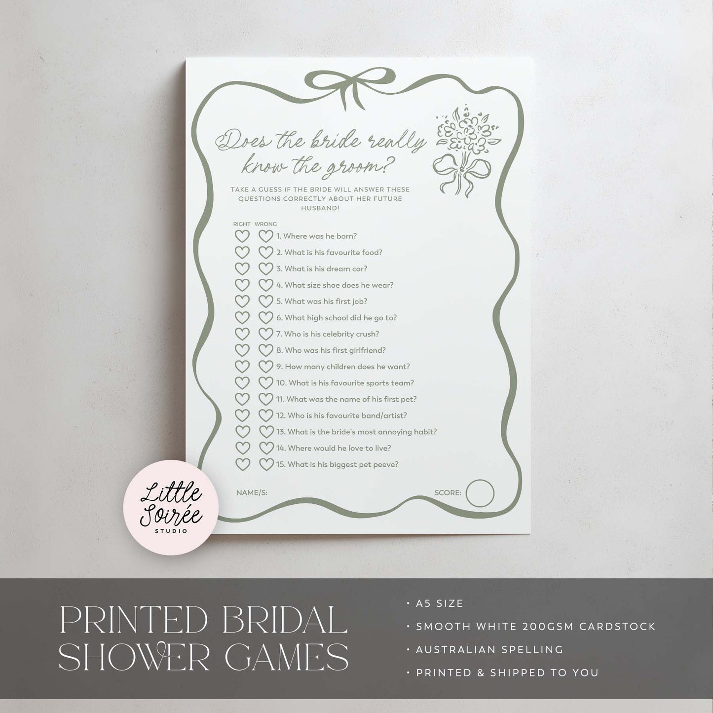Printed Does the Bride Know the Groom - Sage Green Bow | Bridal Shower Games Australia