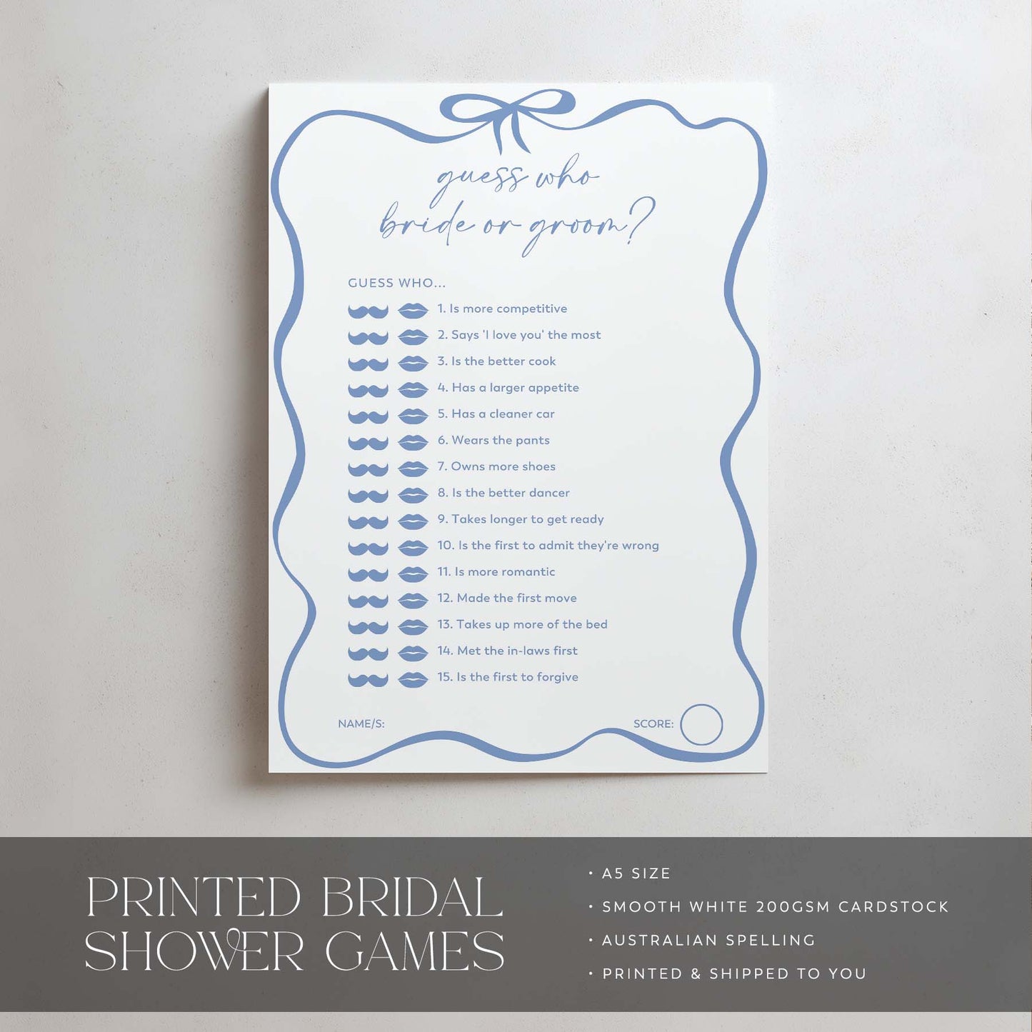 Bridal shower game card with blue text on a white background