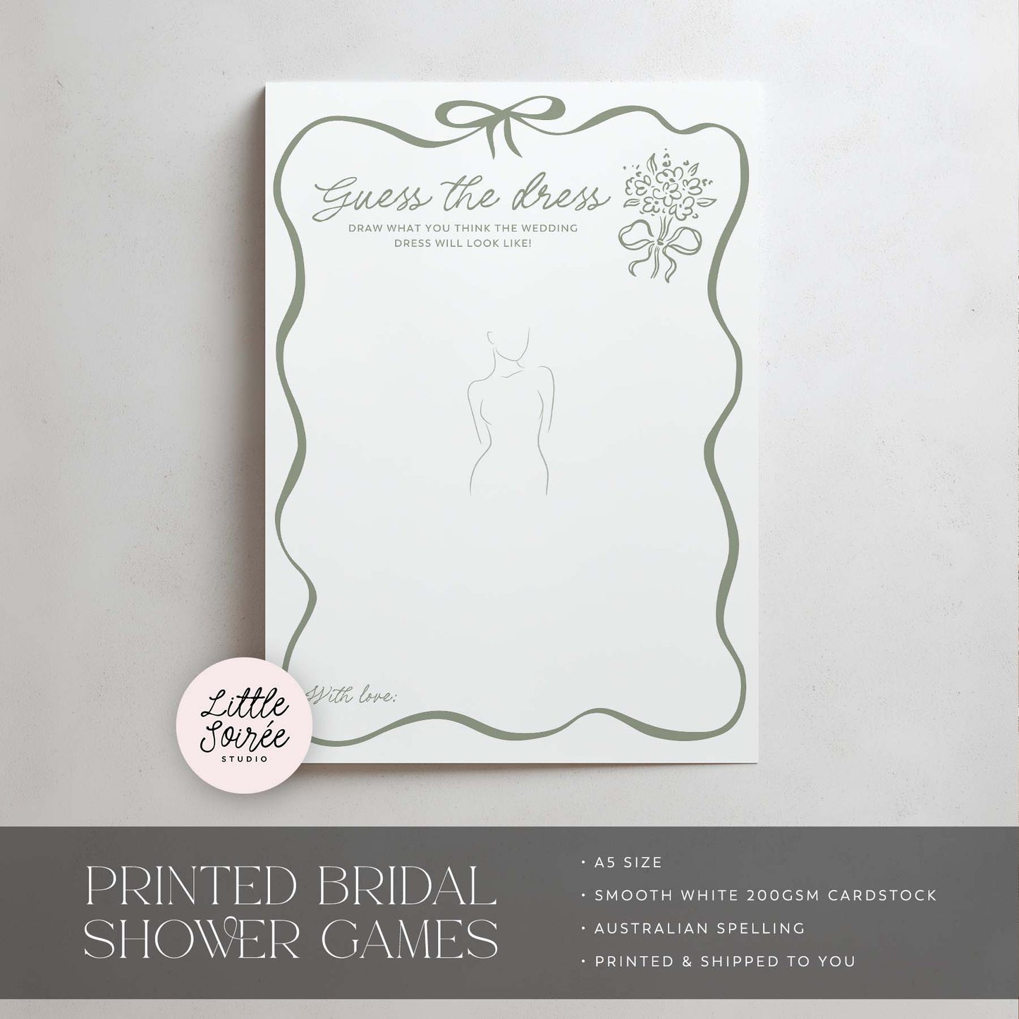 Bridal shower game card with dress outline and text on a white background