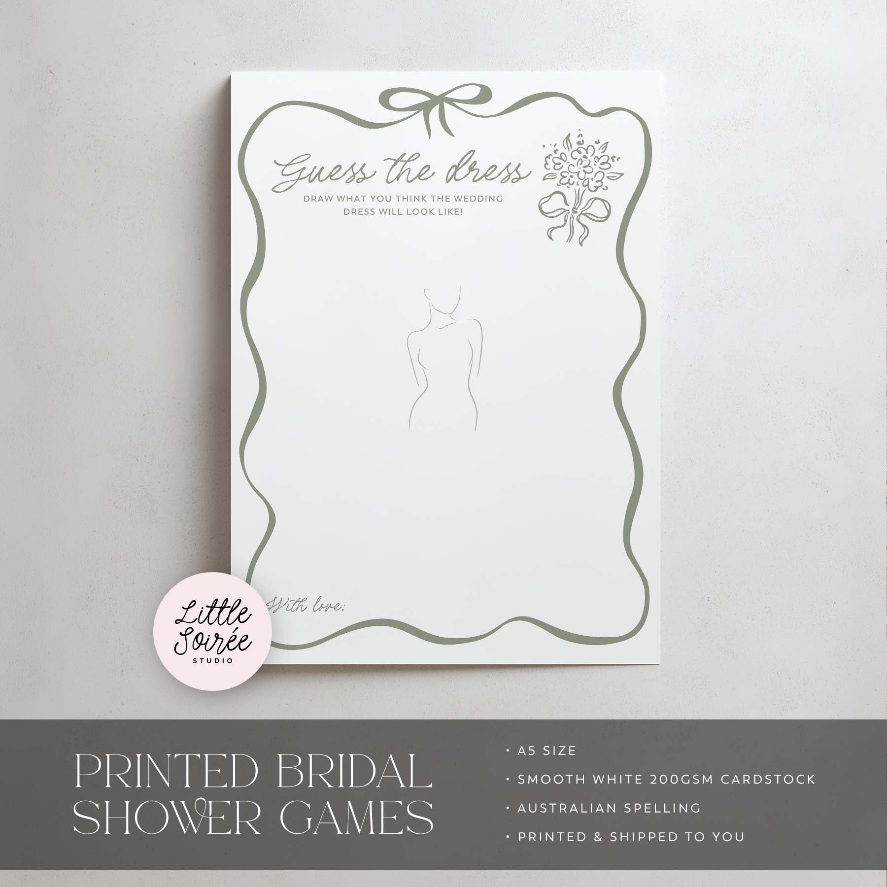 Bridal shower game card with dress outline and text on a white background