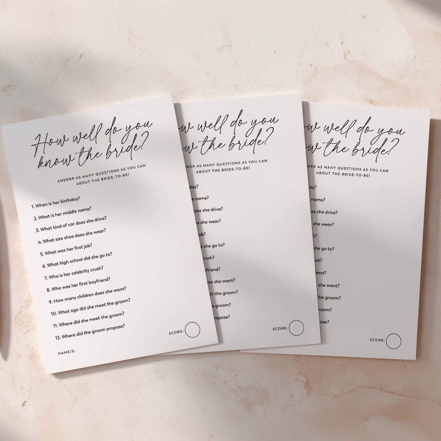 Three questionnaires titled 'How well do you know the bride?' on a light background
