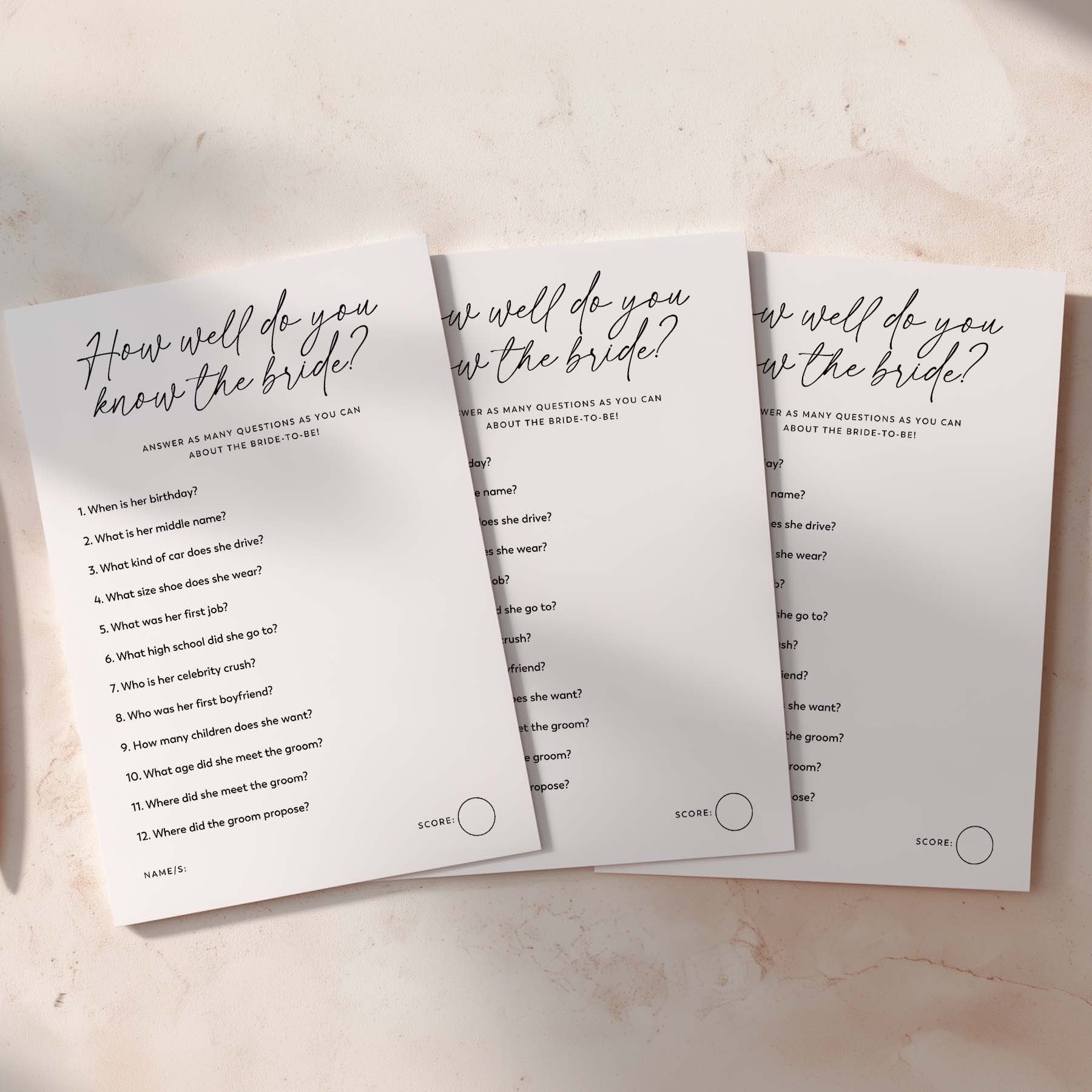 Three questionnaires titled 'How well do you know the bride?' on a light background