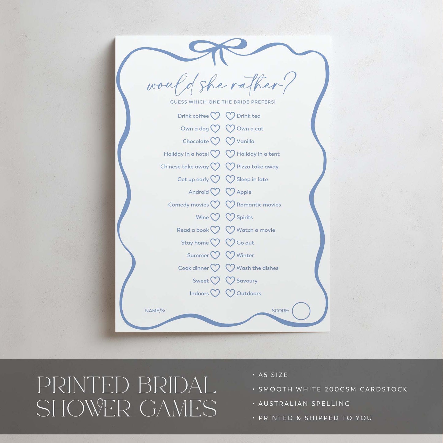 Bridal shower game card with blue decorative elements on a light gray background