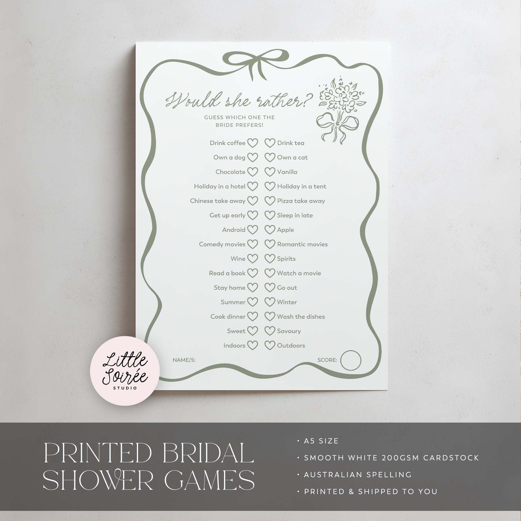 Bridal shower game card with text on a white background