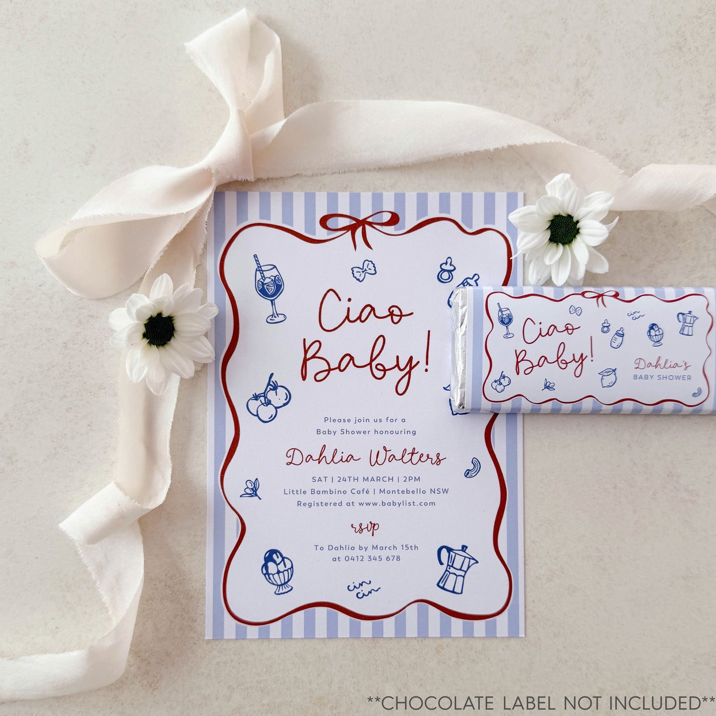 Ciao Baby Blue Baby Shower Invitation (Printed) – Italian Baby Shower Invite Australia