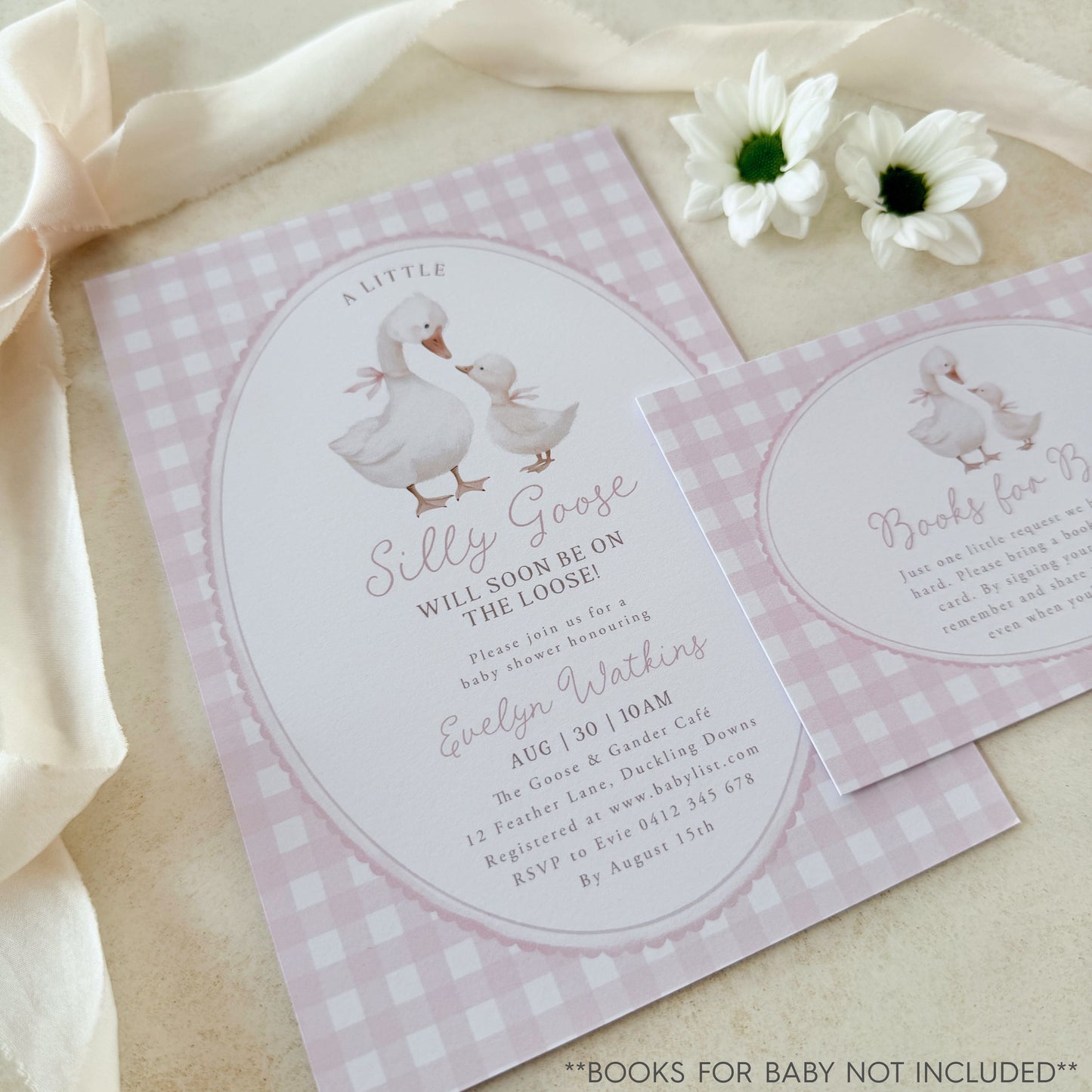 Silly Goose Baby shower invitation with geese on a pink checkered background