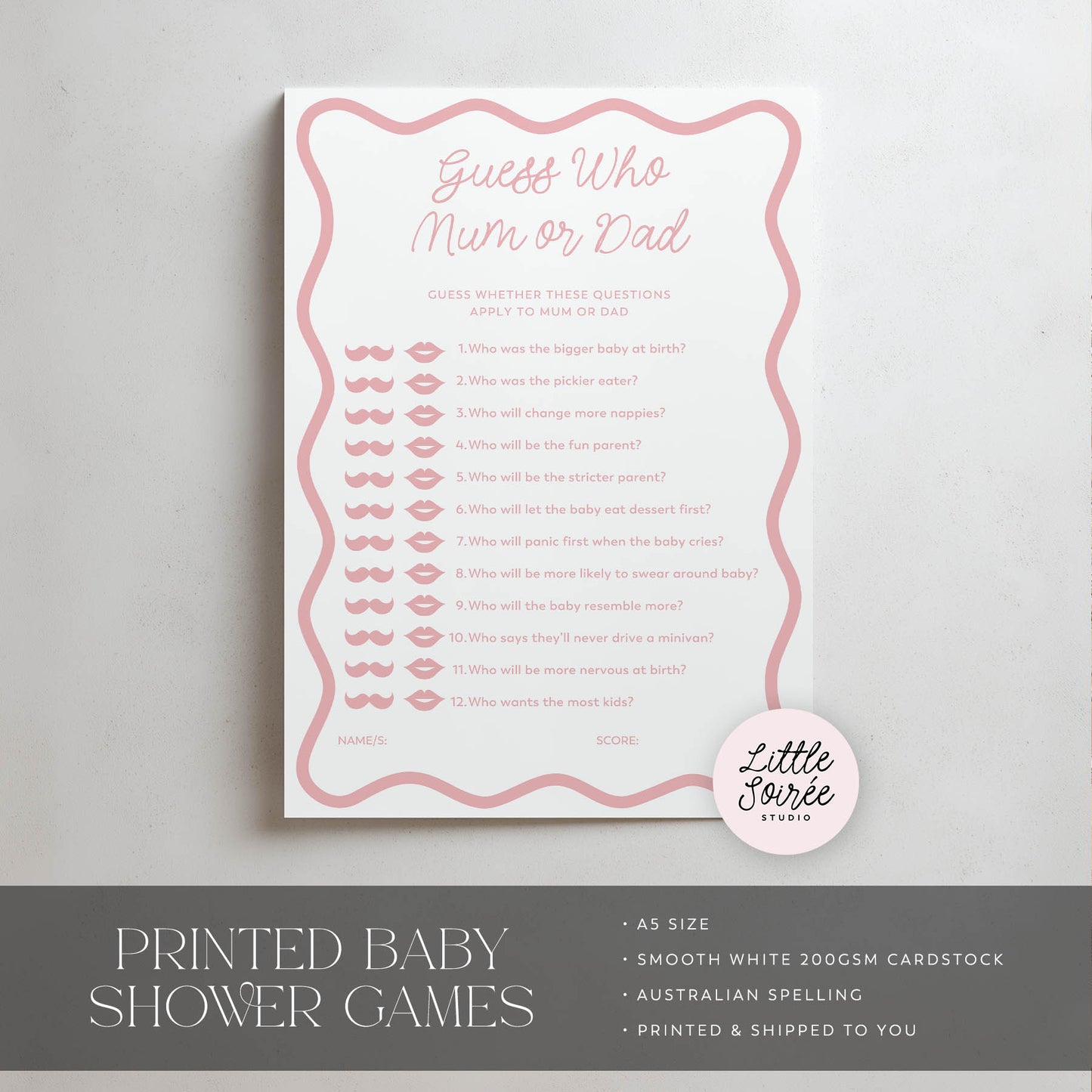 Baby shower game sheet titled 'Guess Who Mum or Dad' on a light gray background with 'Little Soiree' branding.