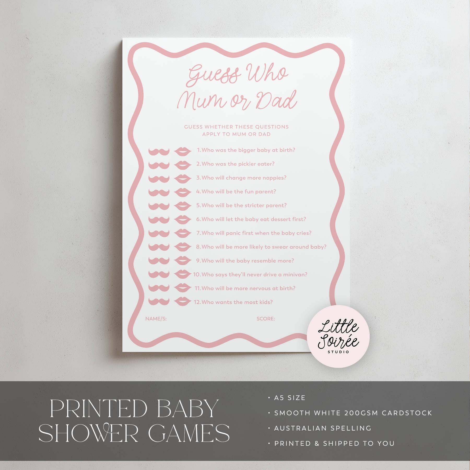 Baby shower game sheet titled 'Guess Who Mum or Dad' on a light gray background with 'Little Soiree' branding.
