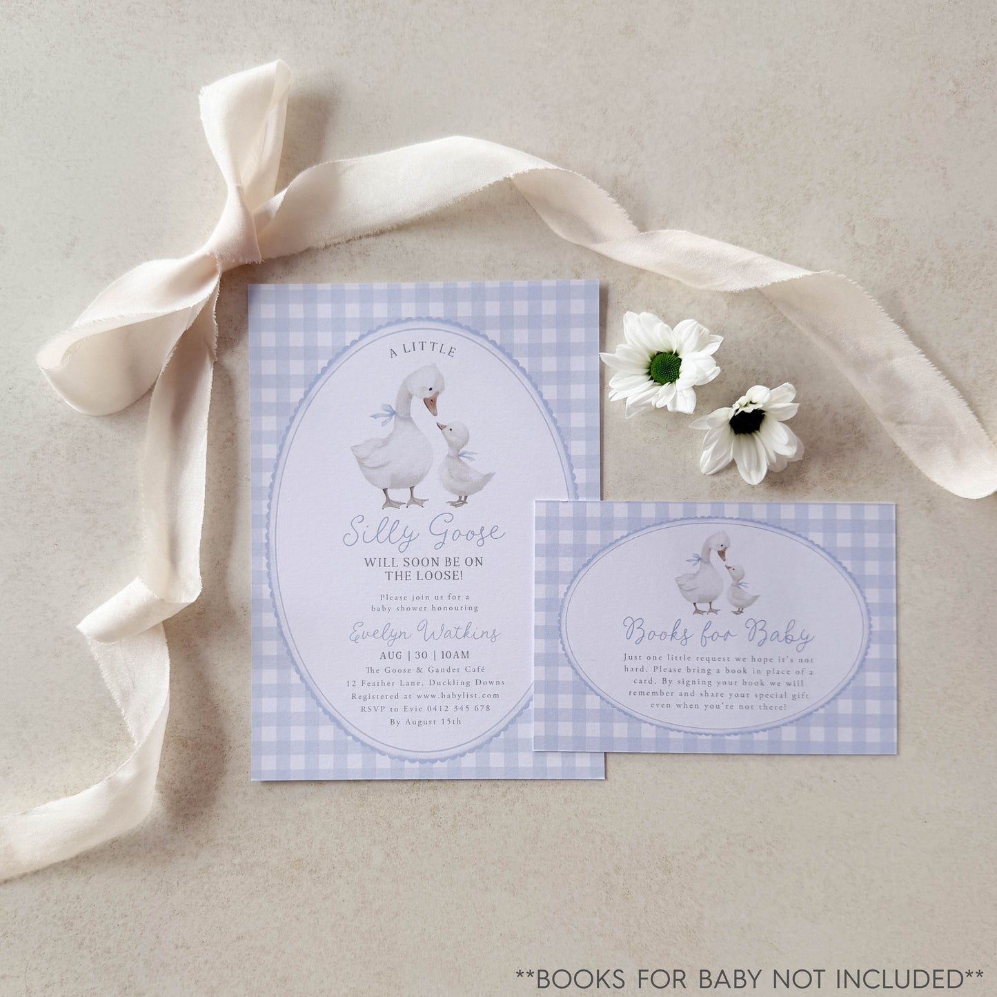 Silly Goose Baby shower invitation with geese design, ribbon, and flowers on a neutral background