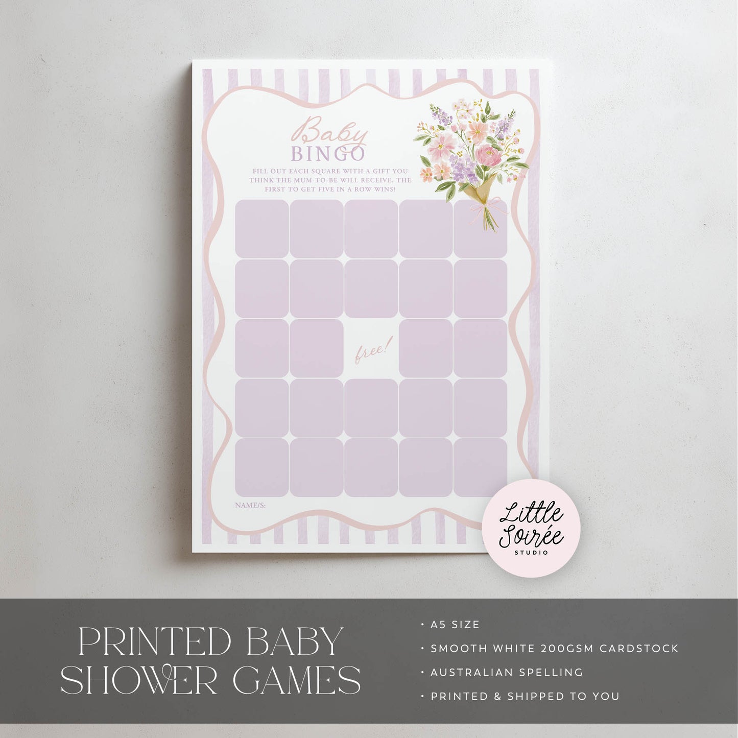 Printed Baby Bingo – Baby in Bloom Purple | Baby Shower Games Australia