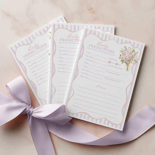 Printed Baby Shower Predictions & Advice Game – Purple Baby in Bloom | Baby Shower Games Australia