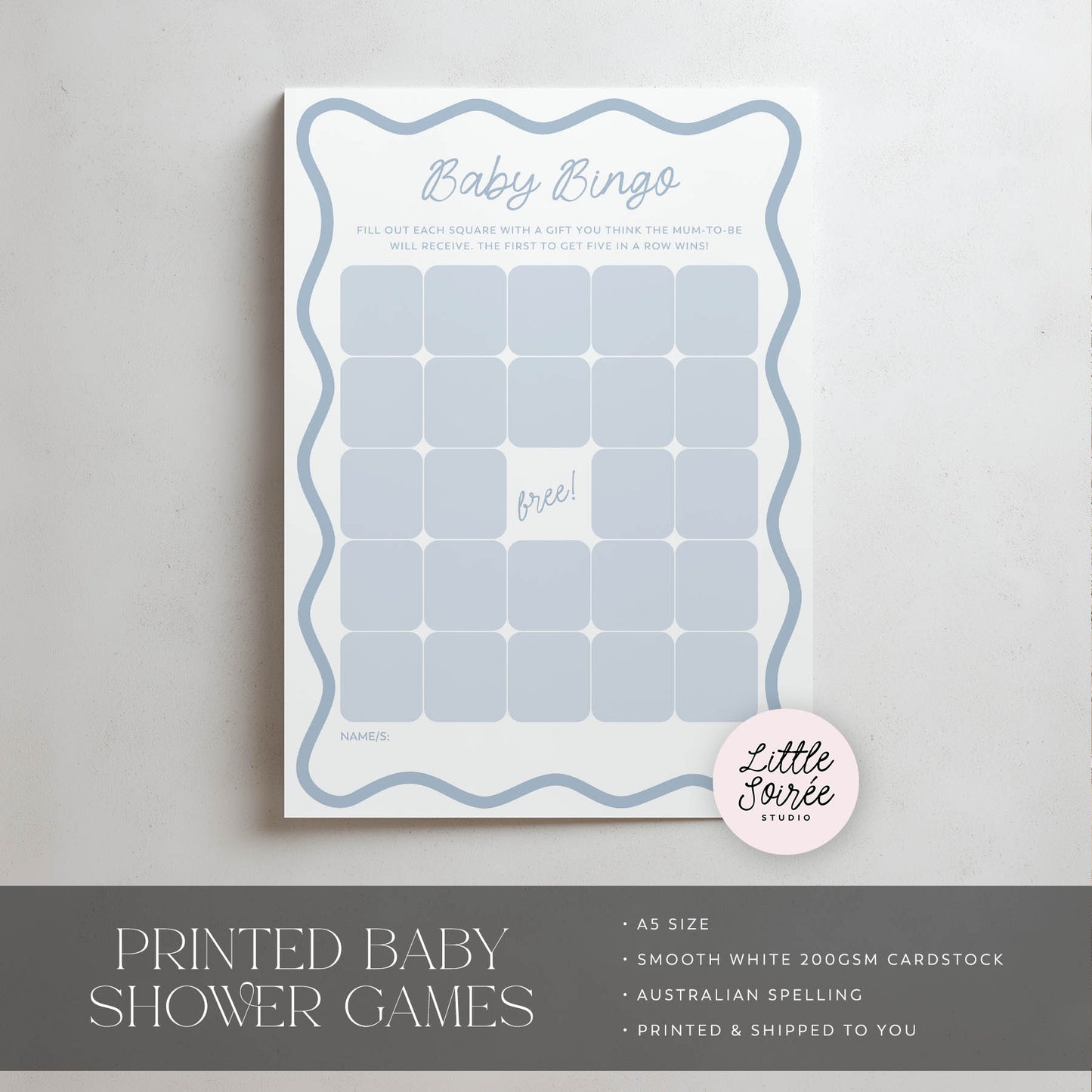 Baby shower game card for 'Baby Bingo' with 'Little Soiree' branding on a gray background.