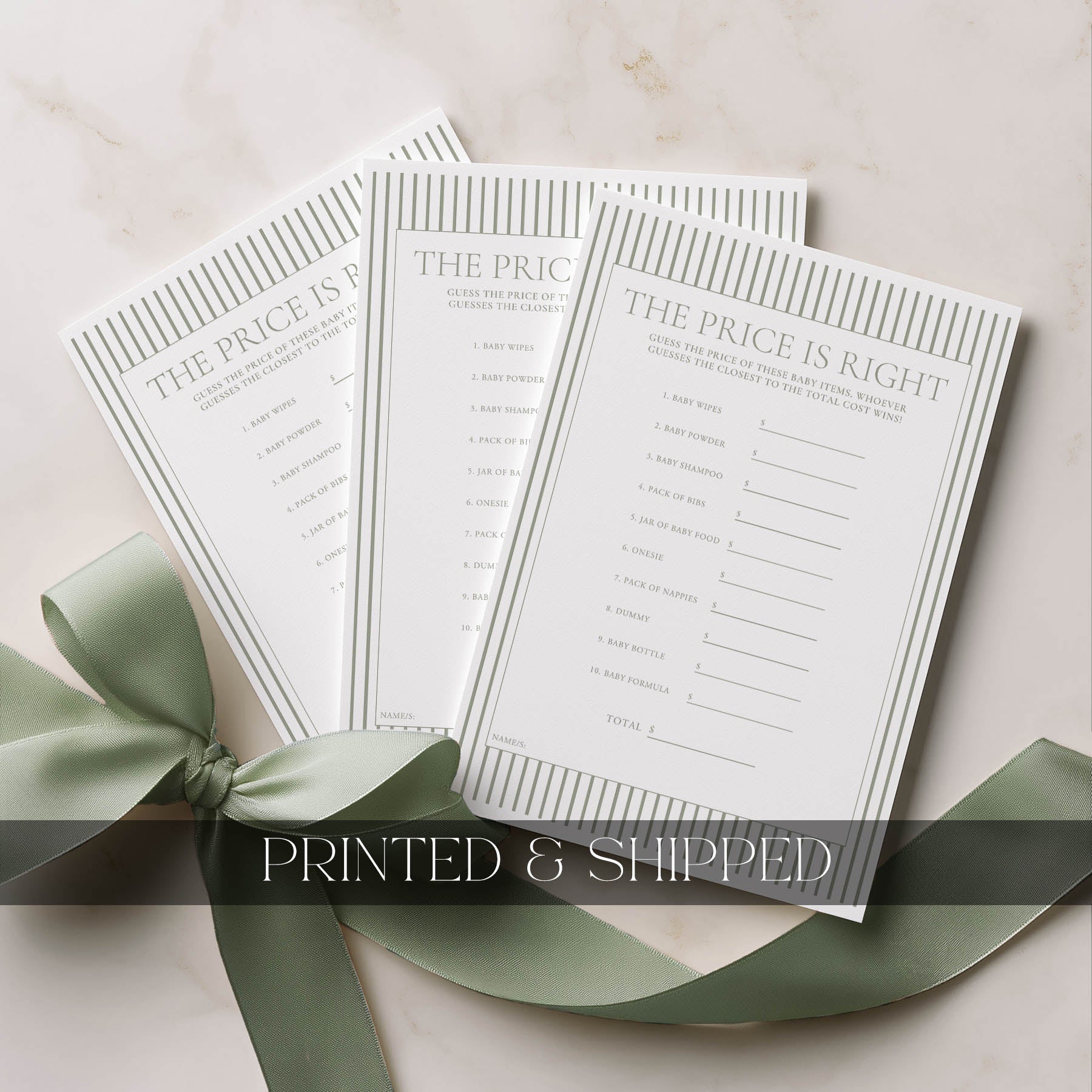 Three baby name race sheets with a green ribbon on a light background