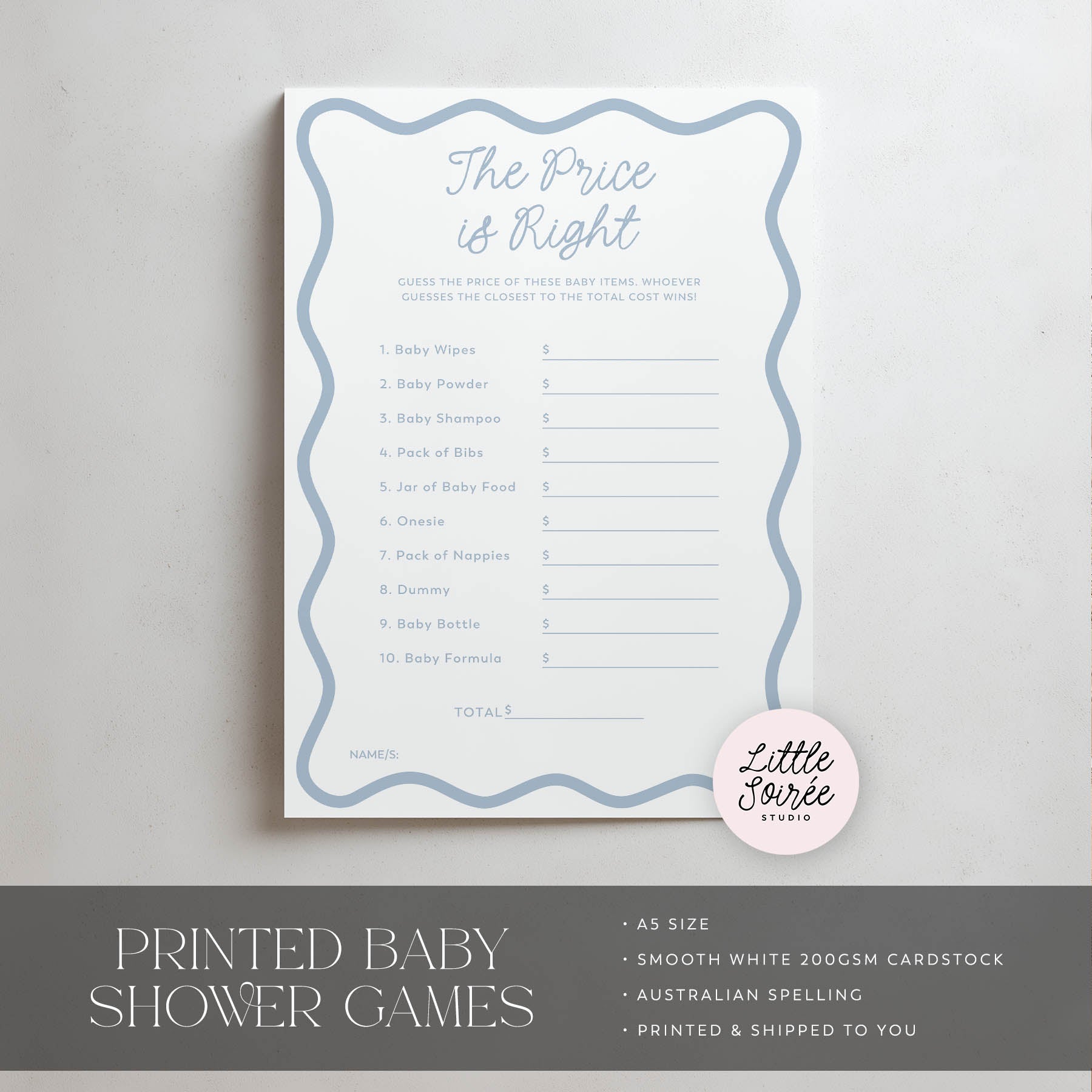 Baby shower game card titled 'The Price is Right' on a gray background with 'Little Soiree' branding.