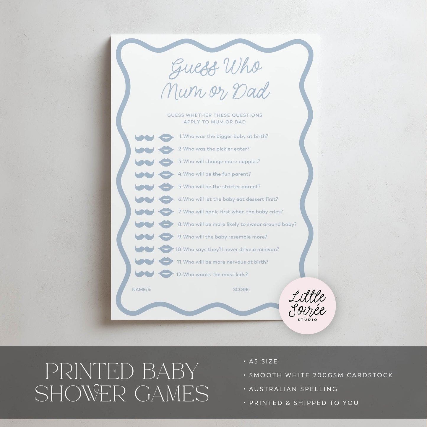 Baby shower game card titled 'Guess Who Mum or Dad' on a gray background with 'Little Soiree' branding.