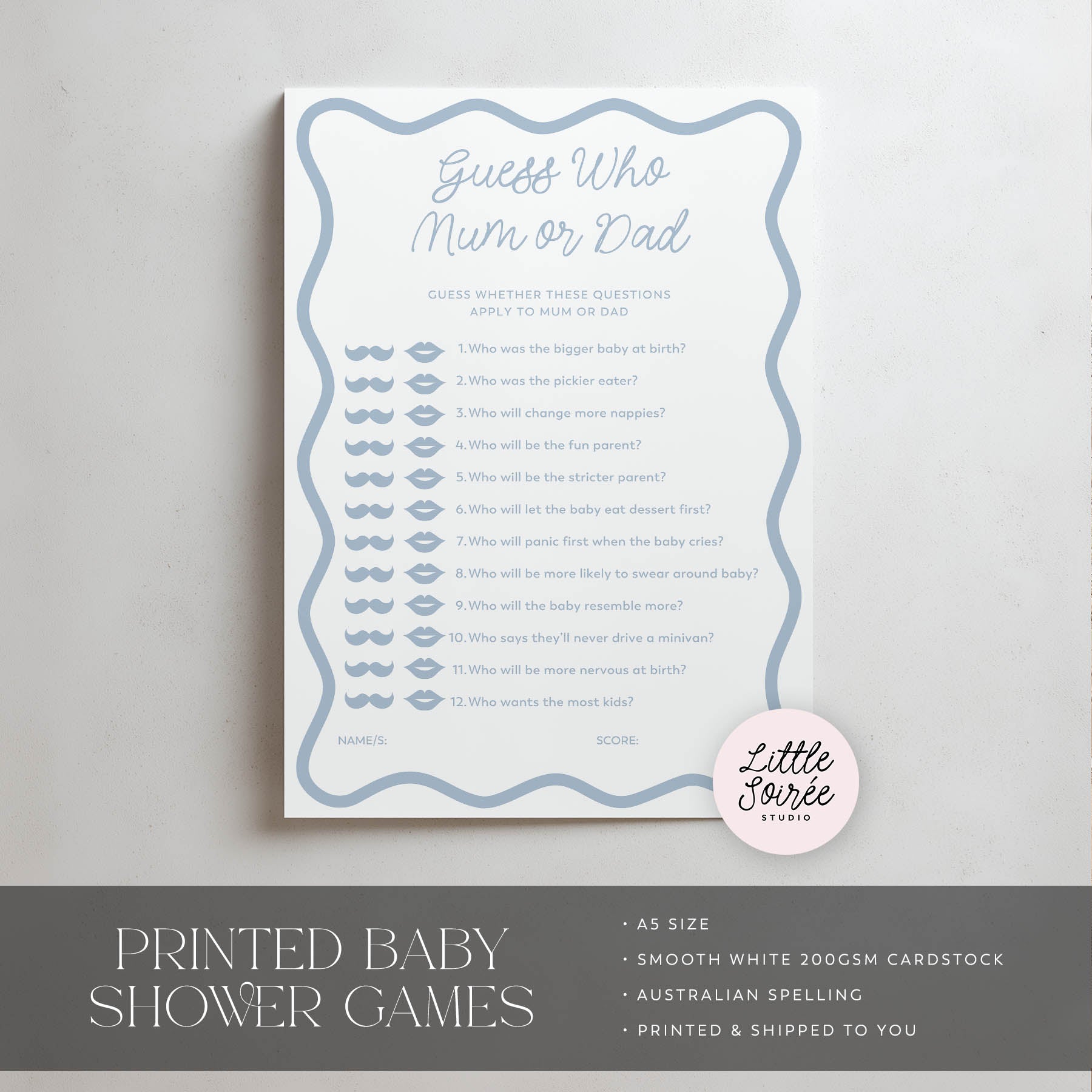 Baby shower game card titled 'Guess Who Mum or Dad' on a gray background with 'Little Soiree' branding.