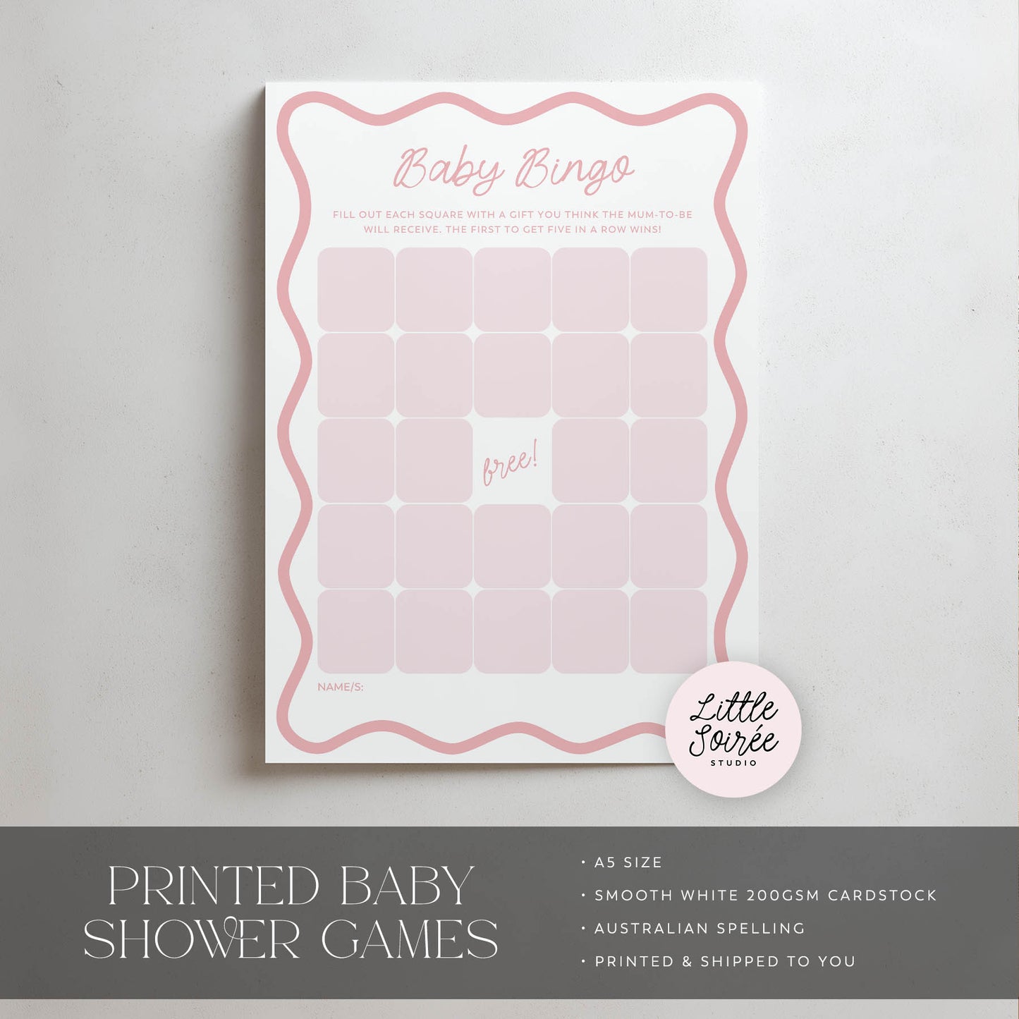 Baby shower game card for 'Baby Bingo' with 'Little Soiree' branding on a light gray background.