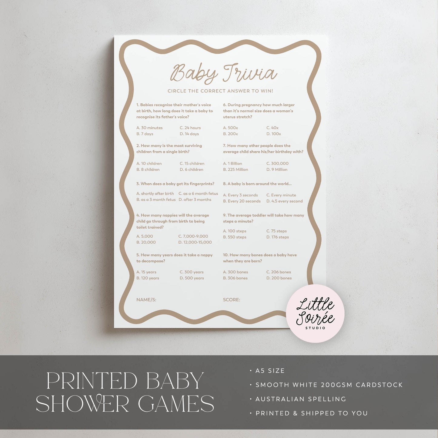 Printed Baby Trivia – Beige Wavy | Baby Shower Games Australia