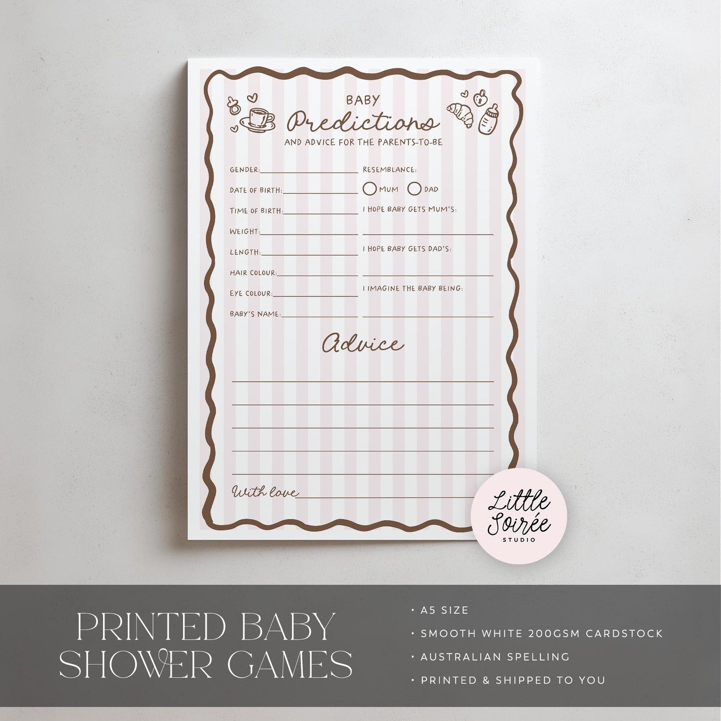 Baby shower game sheet with predictions and advice on a light gray background, featuring 'Little Soiree' branding.