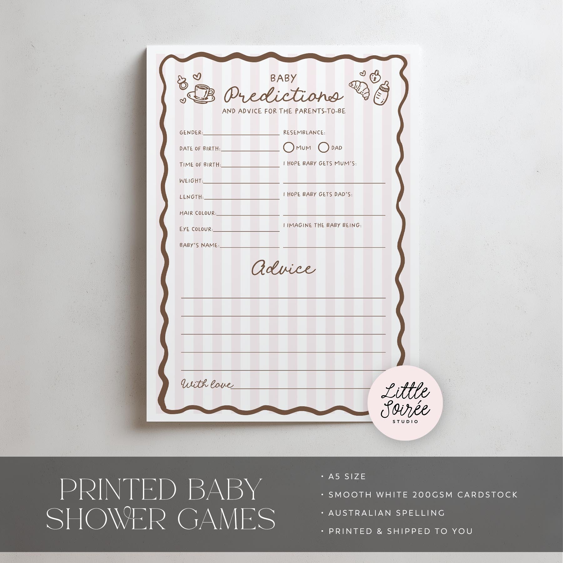 Baby shower game sheet with predictions and advice on a light gray background, featuring 'Little Soiree' branding.