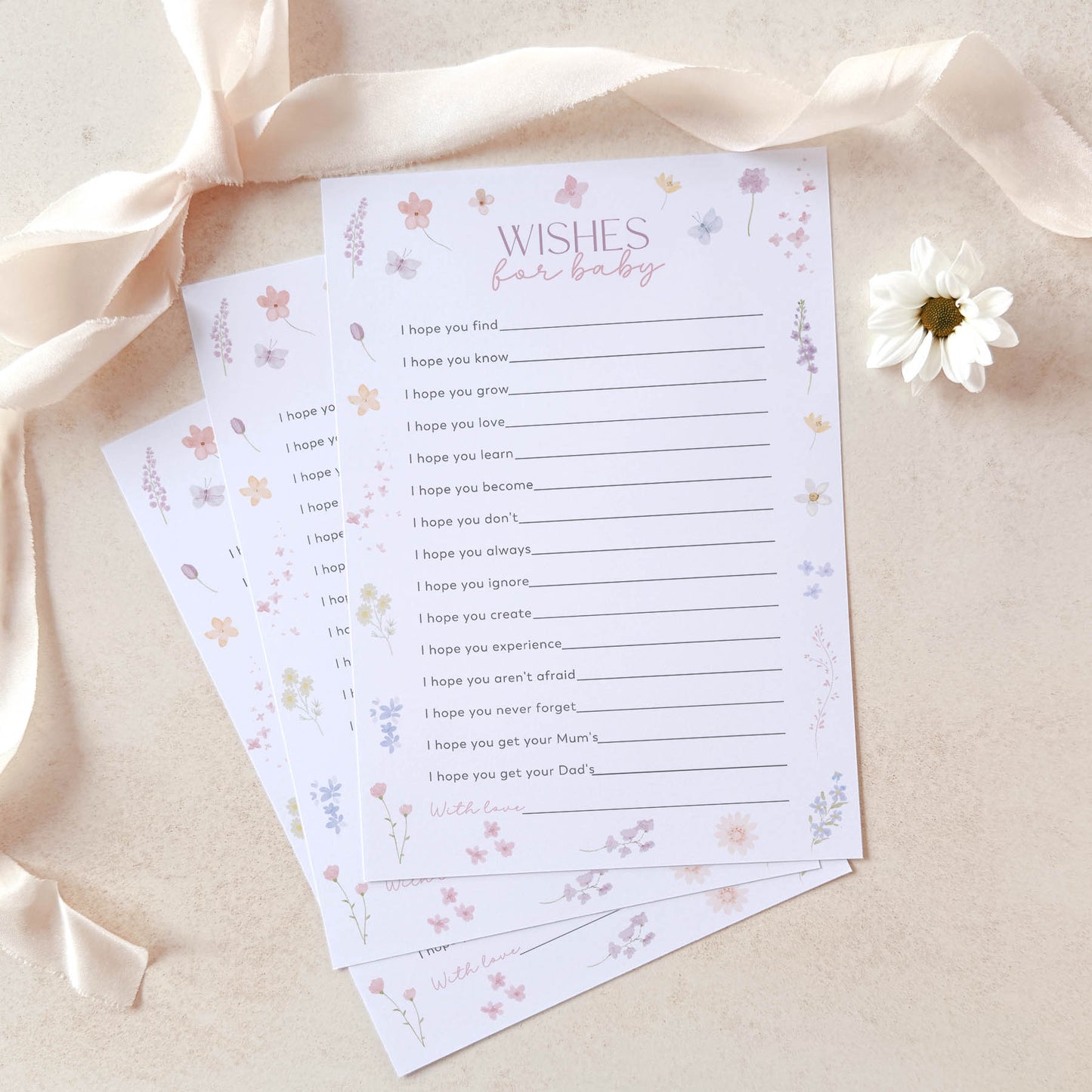 Printed Wishes for Baby – Pink Wildflower | Baby Shower Games Australia