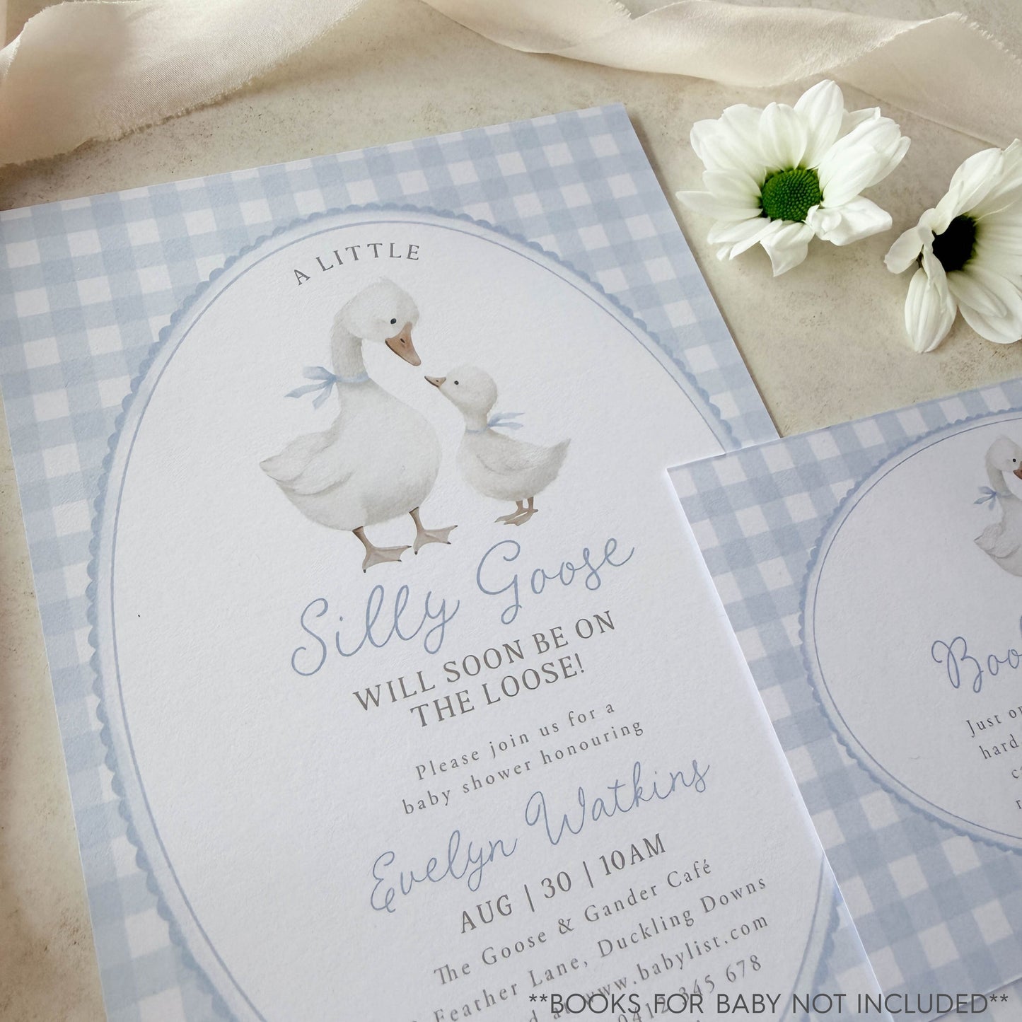 Silly Goose Baby shower invitation with goose on a blue gingham background
