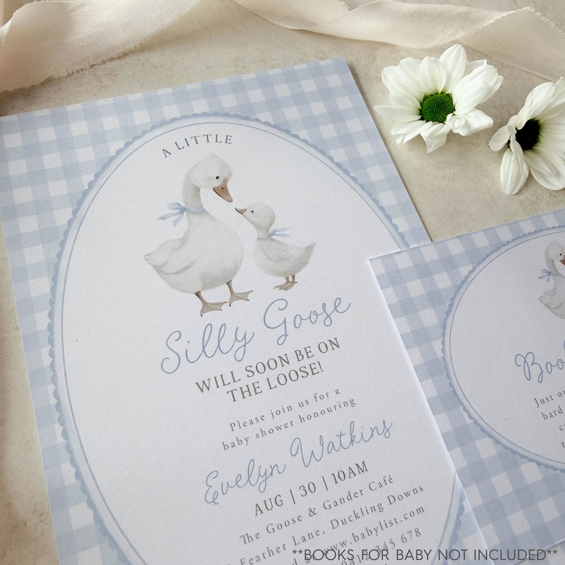 Silly Goose Baby shower invitation with goose on a blue gingham background