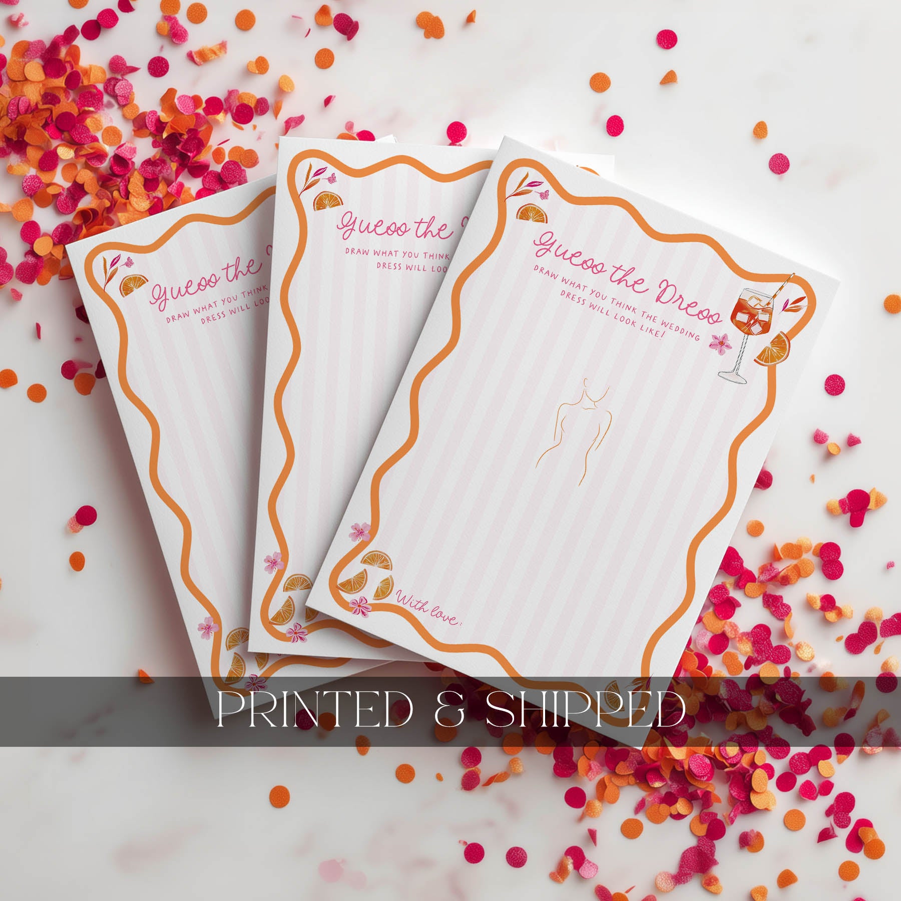 Three 'Guess the Dress' cards with confetti on a white background