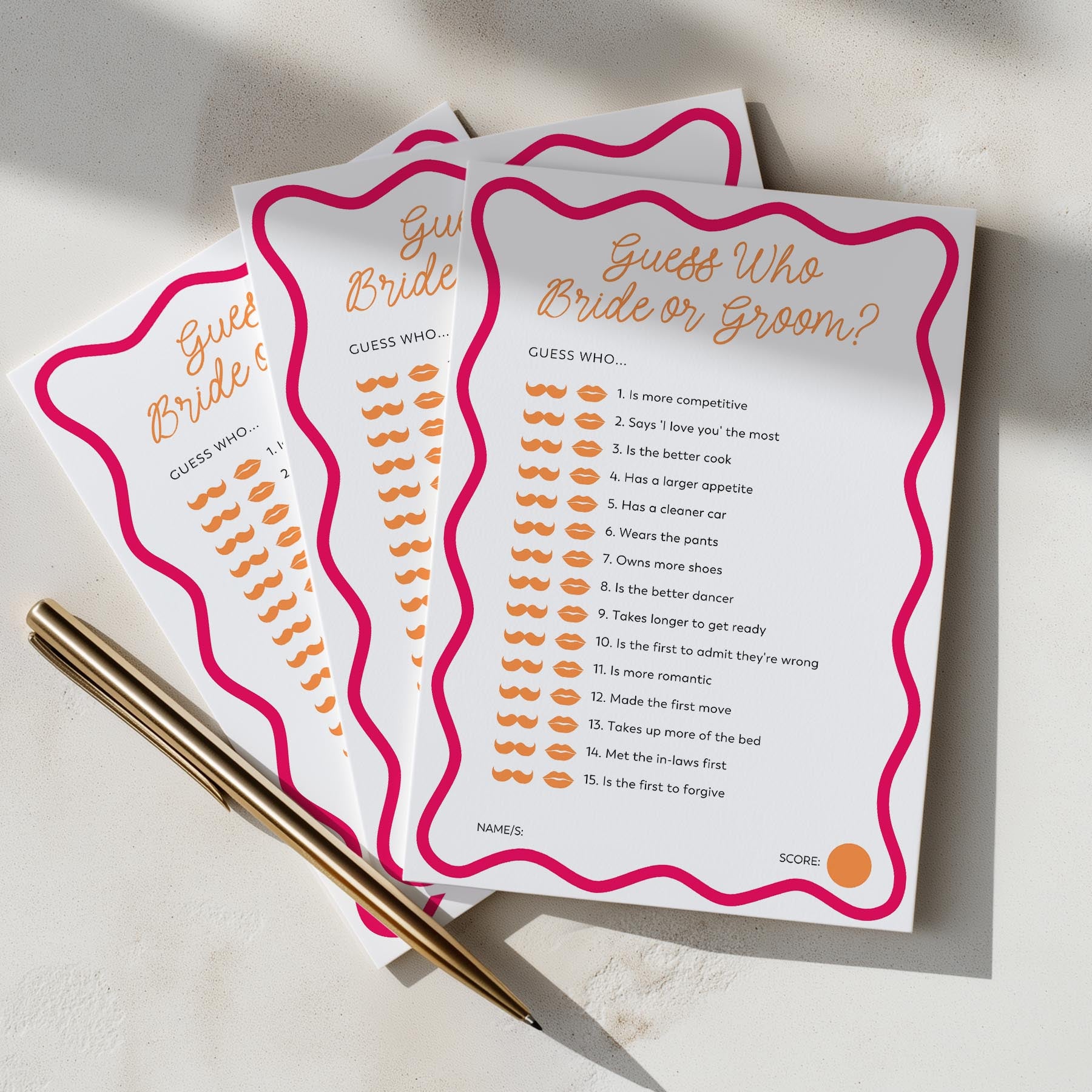 Three 'Guess Who Bride or Groom?' cards with a pen on a light background