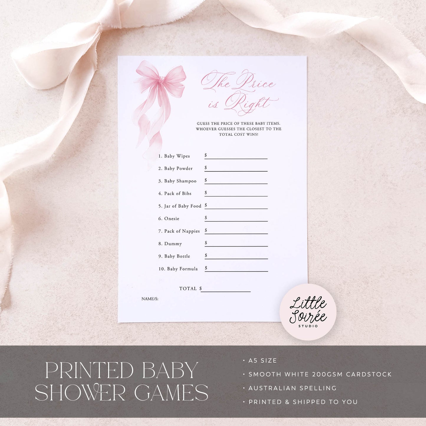 Baby shower game sheet titled 'The Price is Right' on a soft pink fabric background with 'Little Souris Studio' branding.