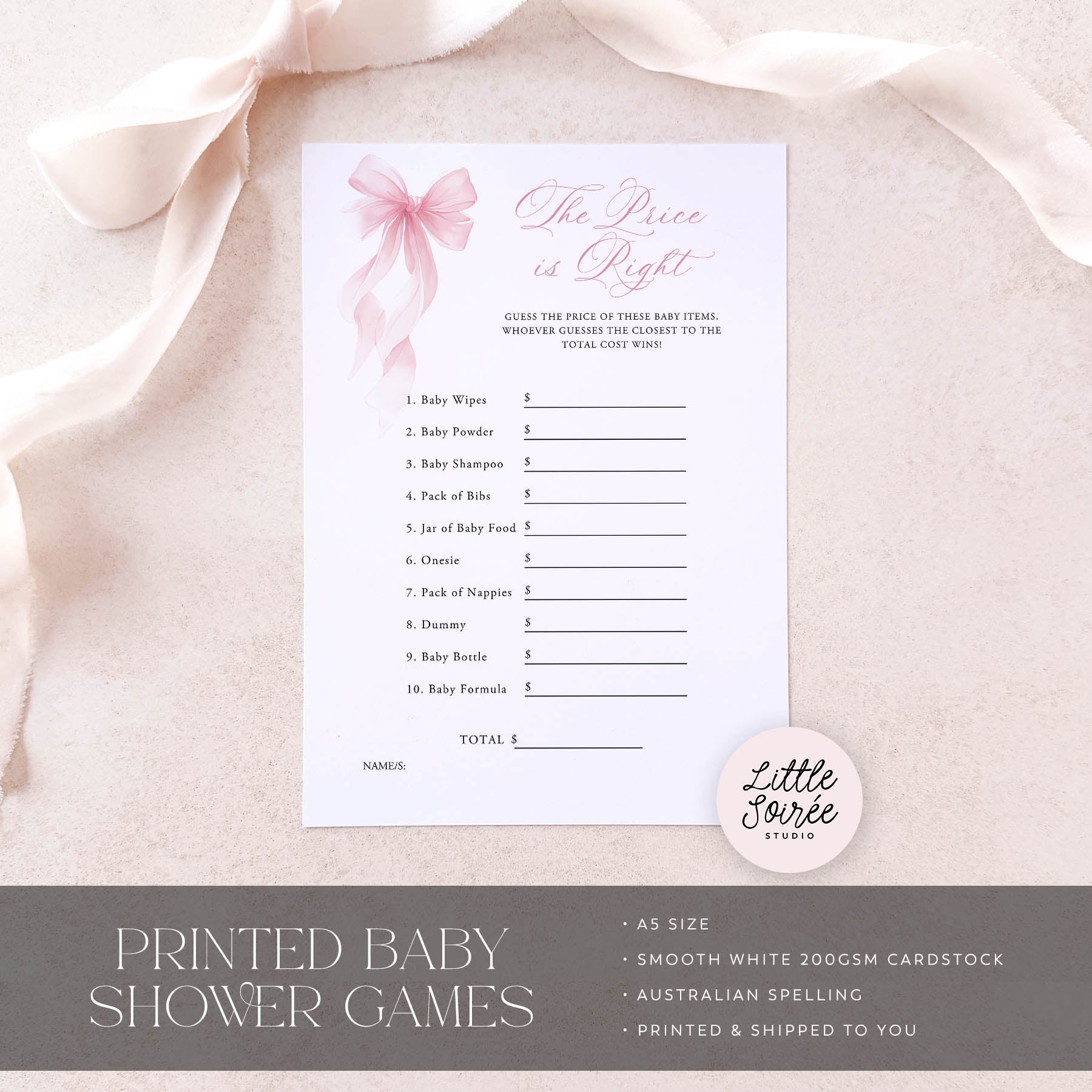 Baby shower game sheet titled 'The Price is Right' on a soft pink fabric background with 'Little Souris Studio' branding.