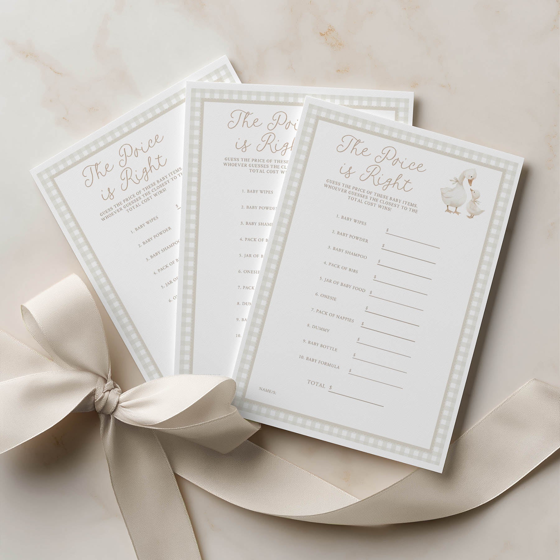 printed silly goose beige baby shower games . the price is right game