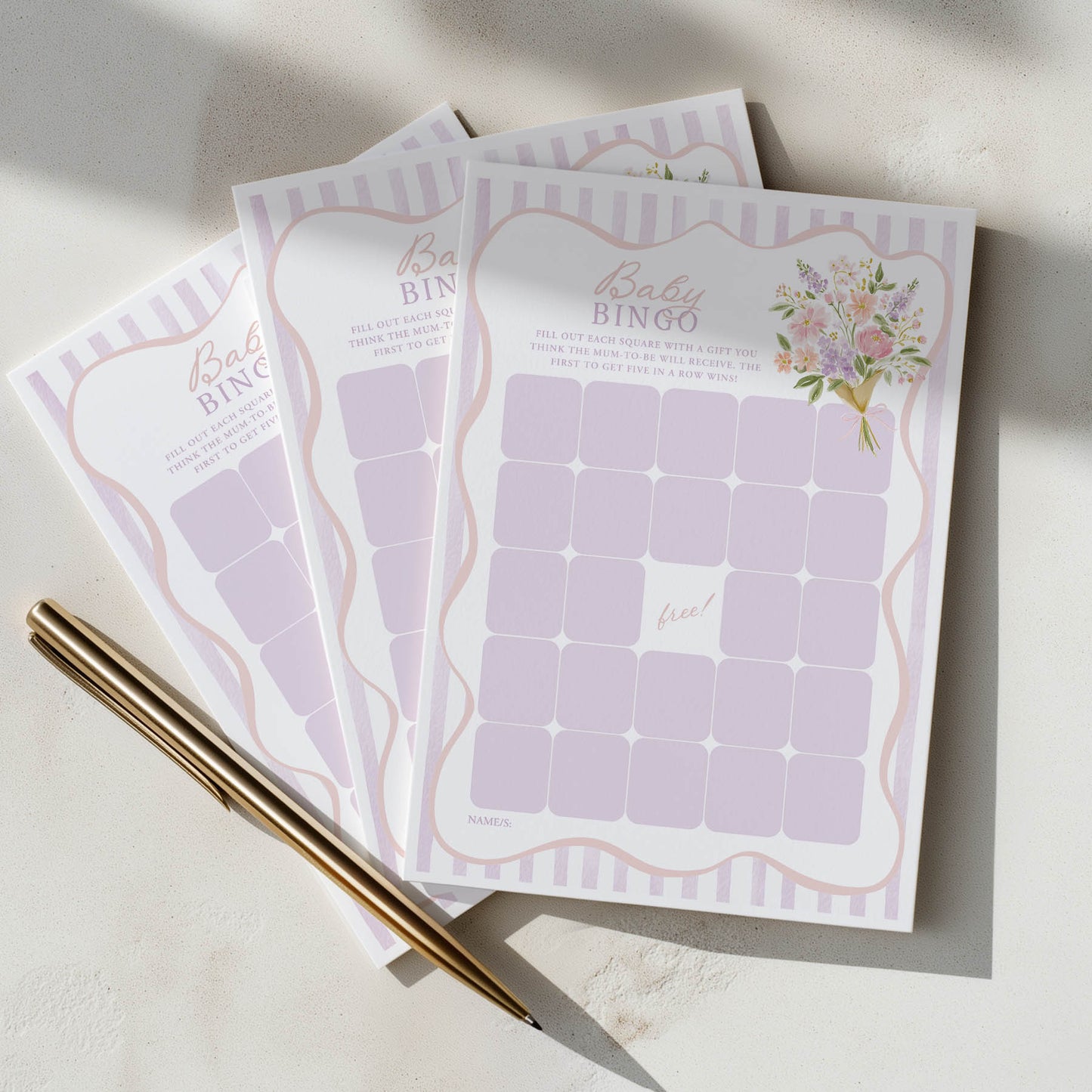 Printed Baby Bingo – Baby in Bloom Purple | Baby Shower Games Australia