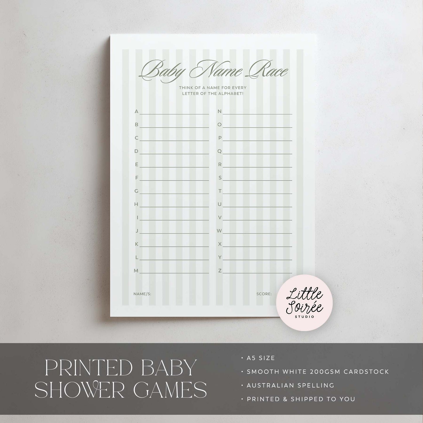 Green Stripe Baby name race game sheet with alphabet letters on a gray background, featuring 'Little Soiree' branding.