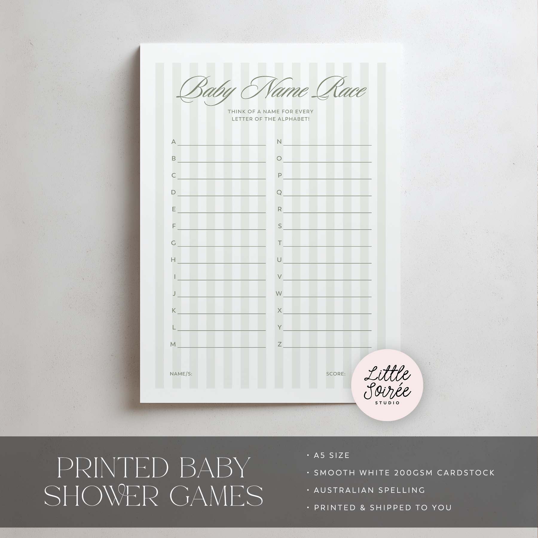 Green Stripe Baby name race game sheet with alphabet letters on a gray background, featuring 'Little Soiree' branding.
